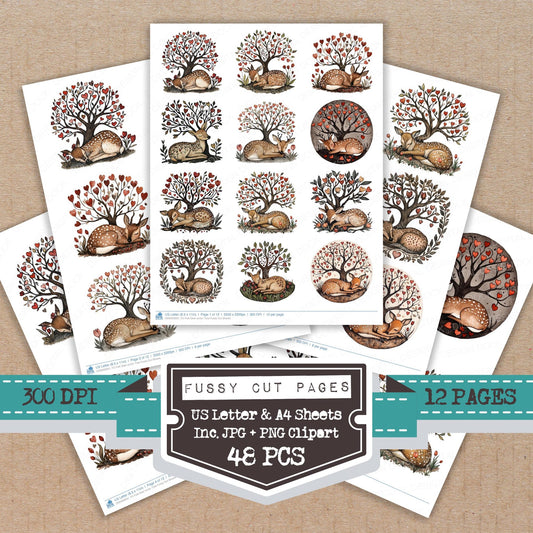 Folk Deer under Tree fussy cut printable sheets for junk journaling, scrapbooking, and paper craft projects