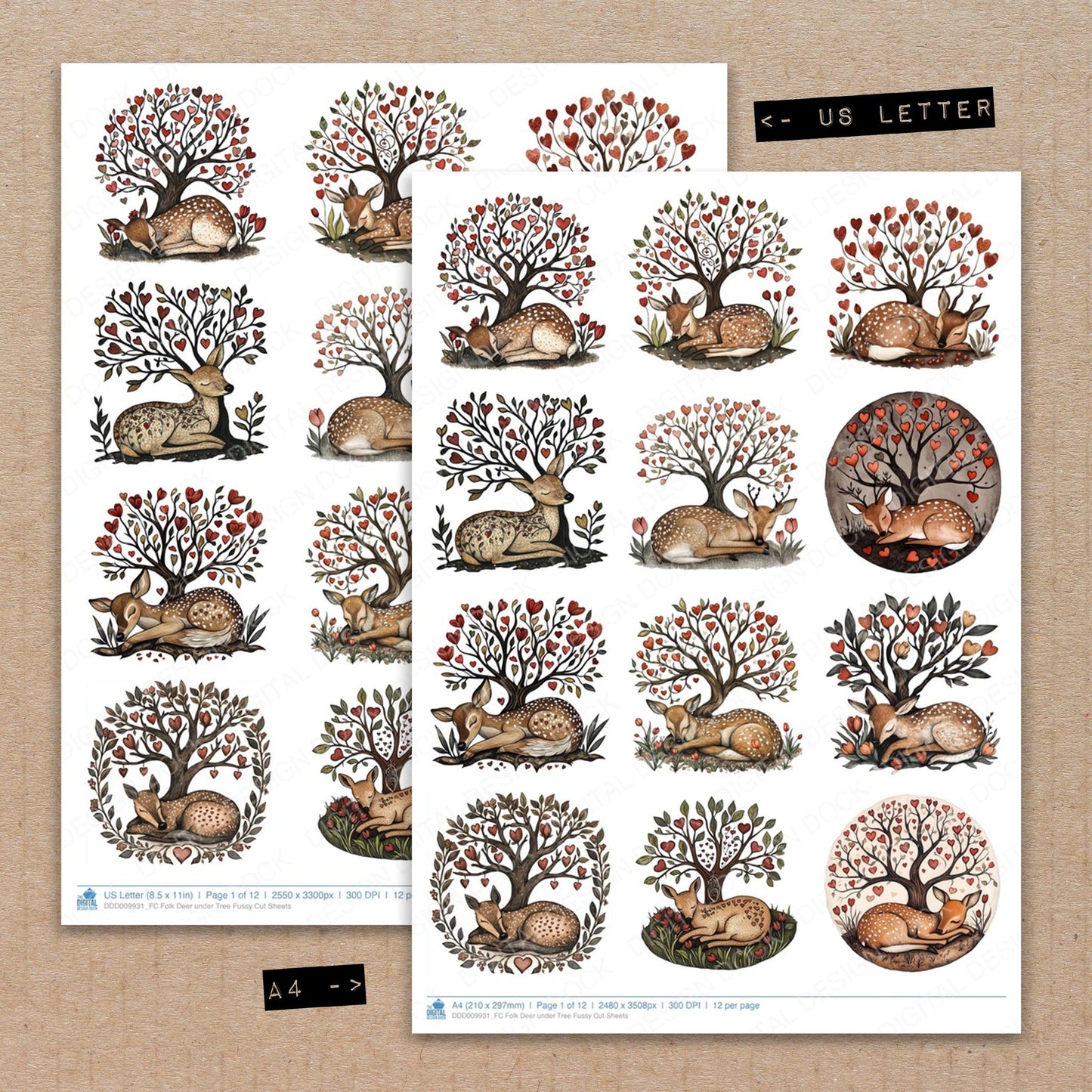 A4 and US Letter format comparison showing Folk Deer under Tree fussy cut pages for print and cut crafting