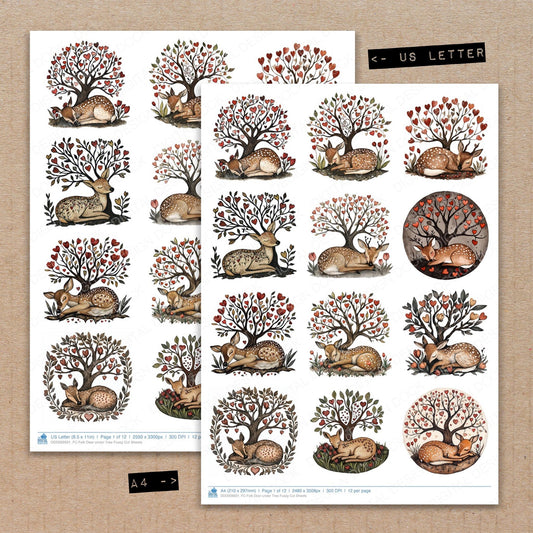 A4 and US Letter format comparison showing Folk Deer under Tree fussy cut pages for print and cut crafting