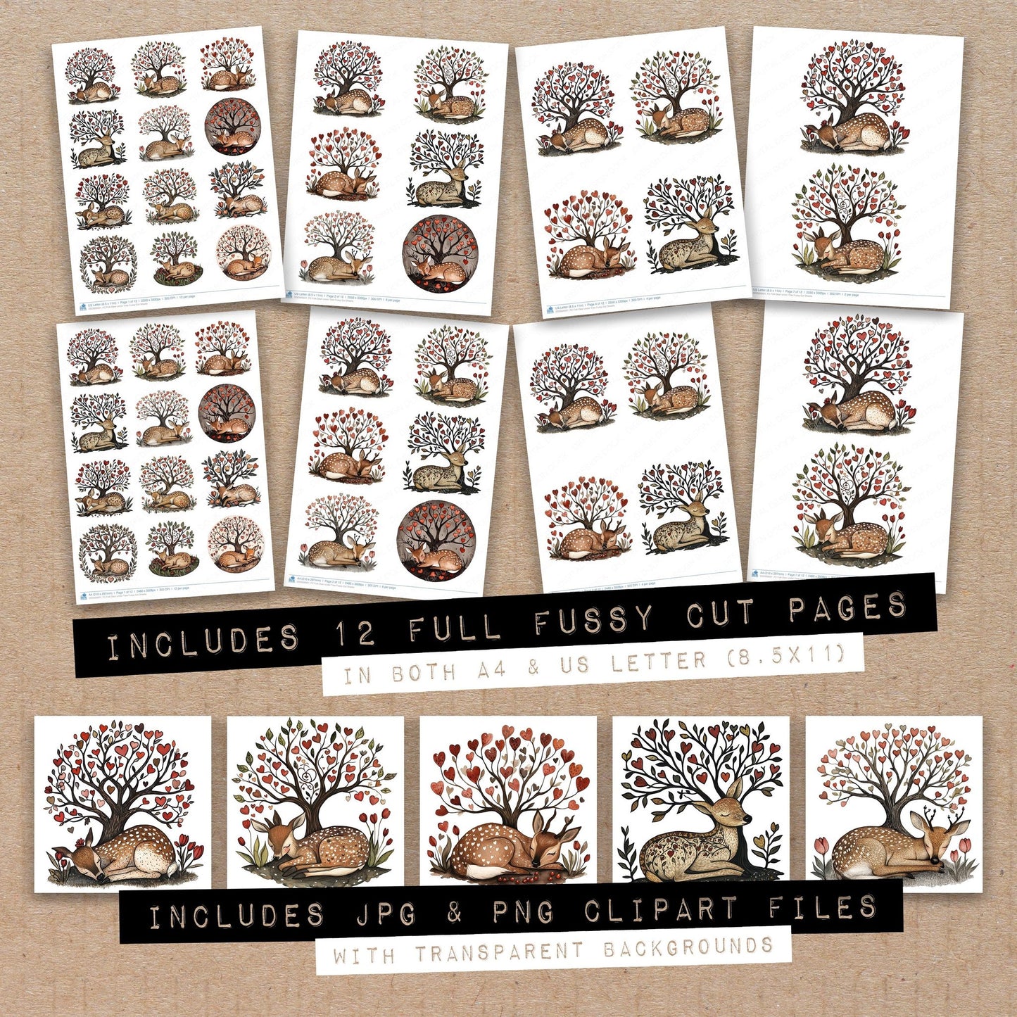Full collection view of Folk Deer under Tree fussy cut sheets with bonus clipart JPG and PNG files