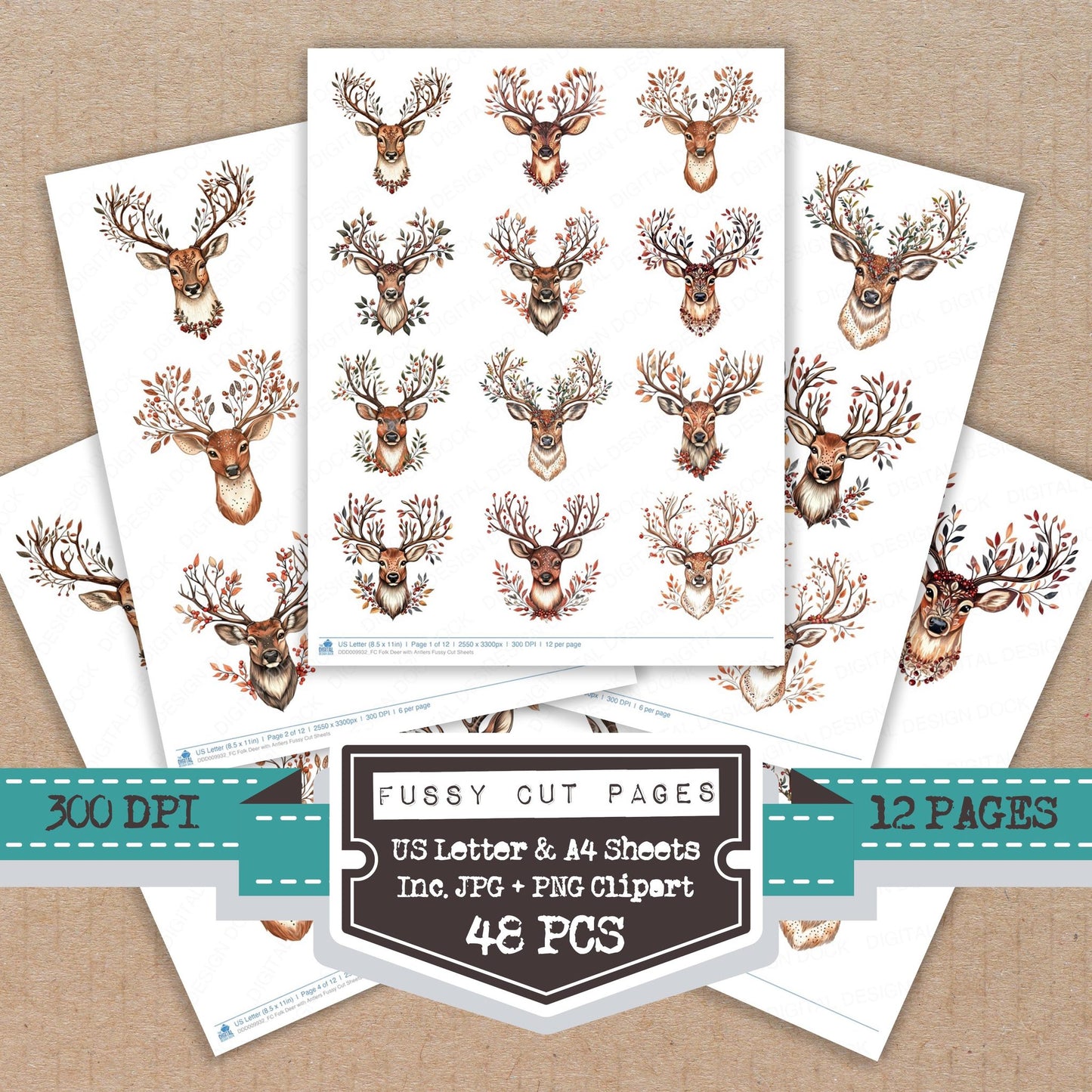 Folk Deer with Antlers fussy cut printable sheets for junk journaling, scrapbooking, and paper craft projects