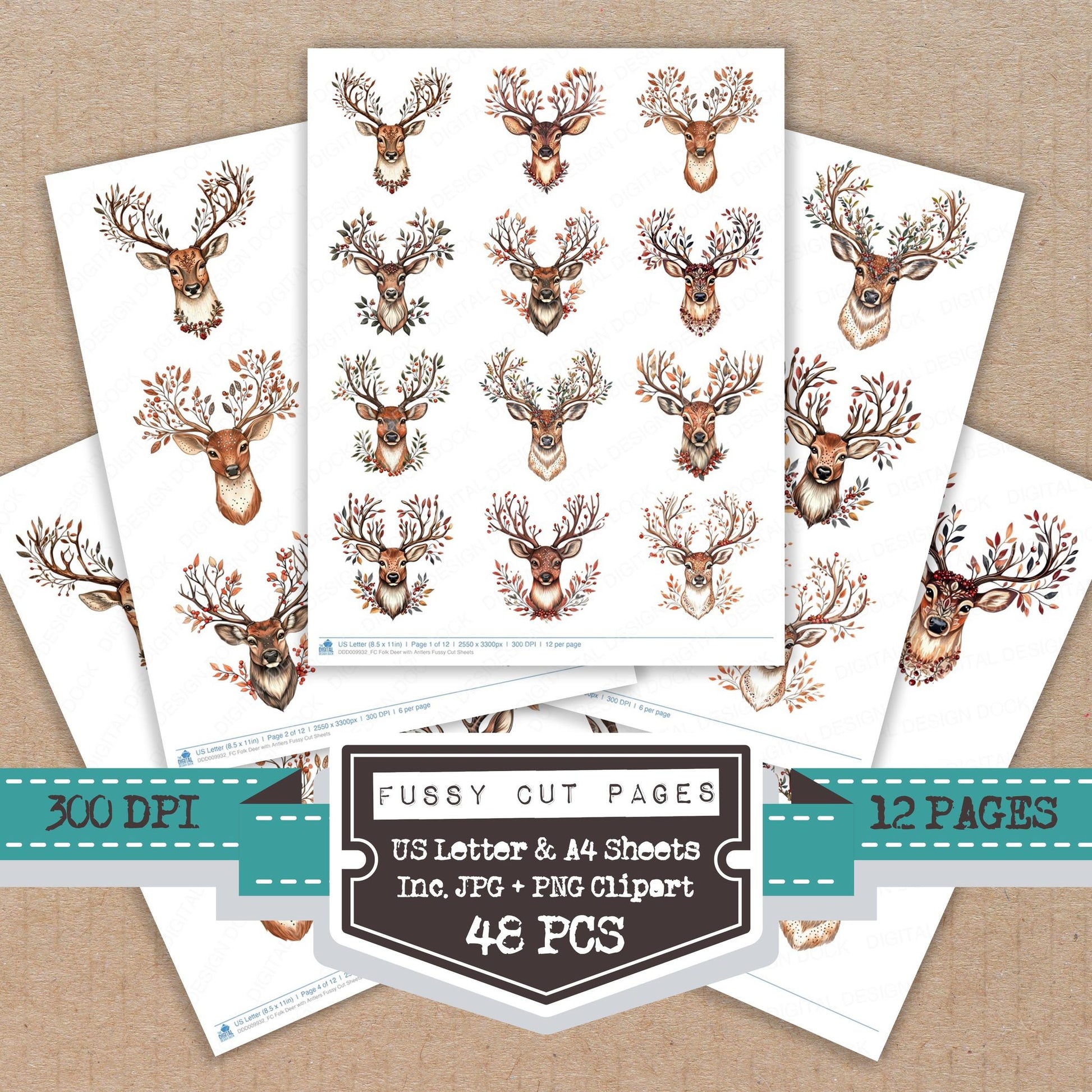 Folk Deer with Antlers fussy cut printable sheets for junk journaling, scrapbooking, and paper craft projects