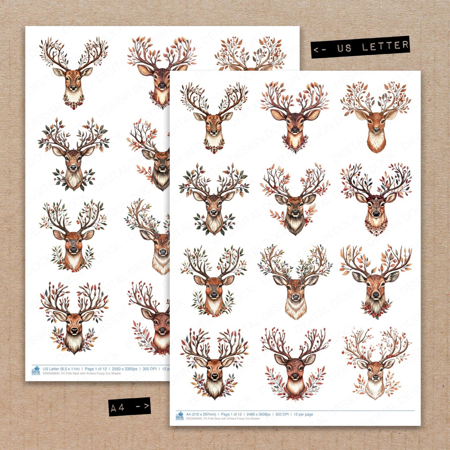 A4 and US Letter format comparison showing Folk Deer with Antlers fussy cut pages for print and cut crafting