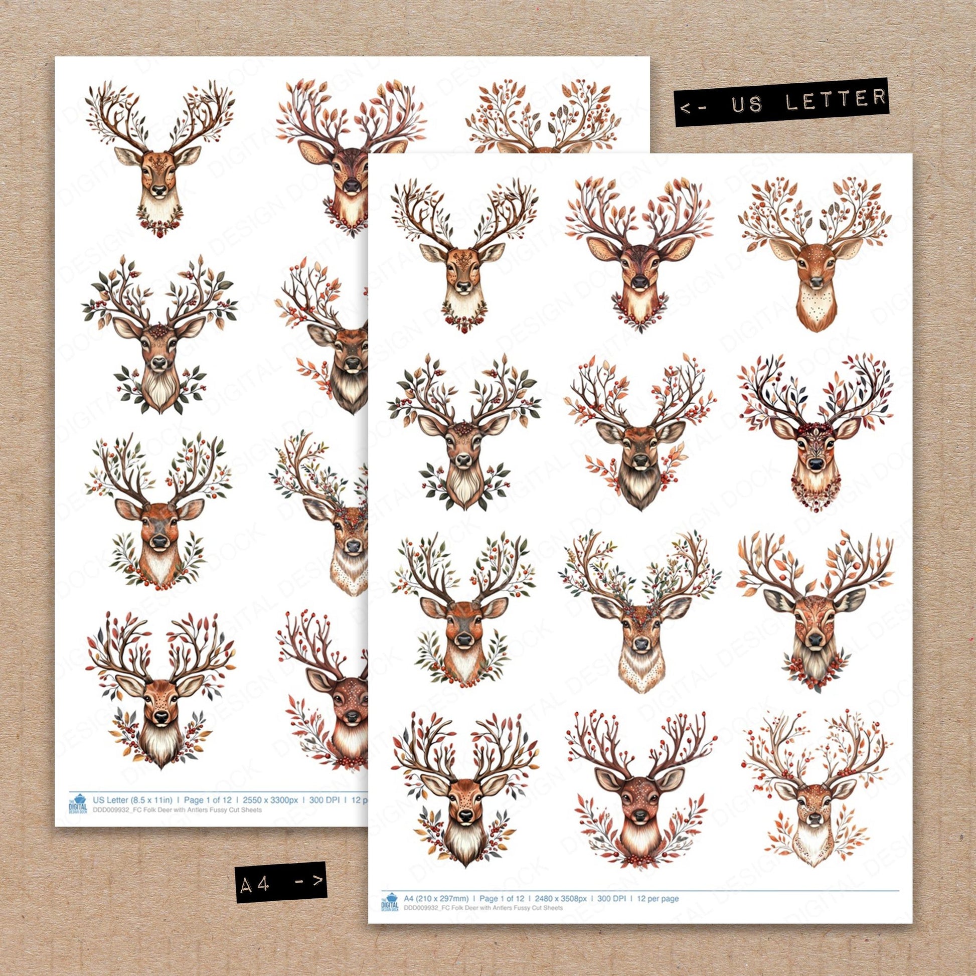 A4 and US Letter format comparison showing Folk Deer with Antlers fussy cut pages for print and cut crafting