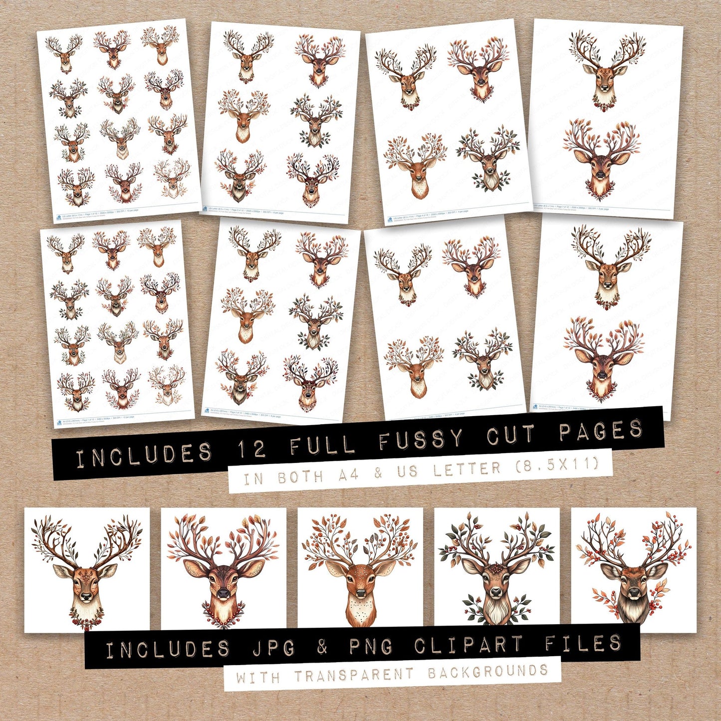 Full collection view of Folk Deer with Antlers fussy cut sheets with bonus clipart JPG and PNG files