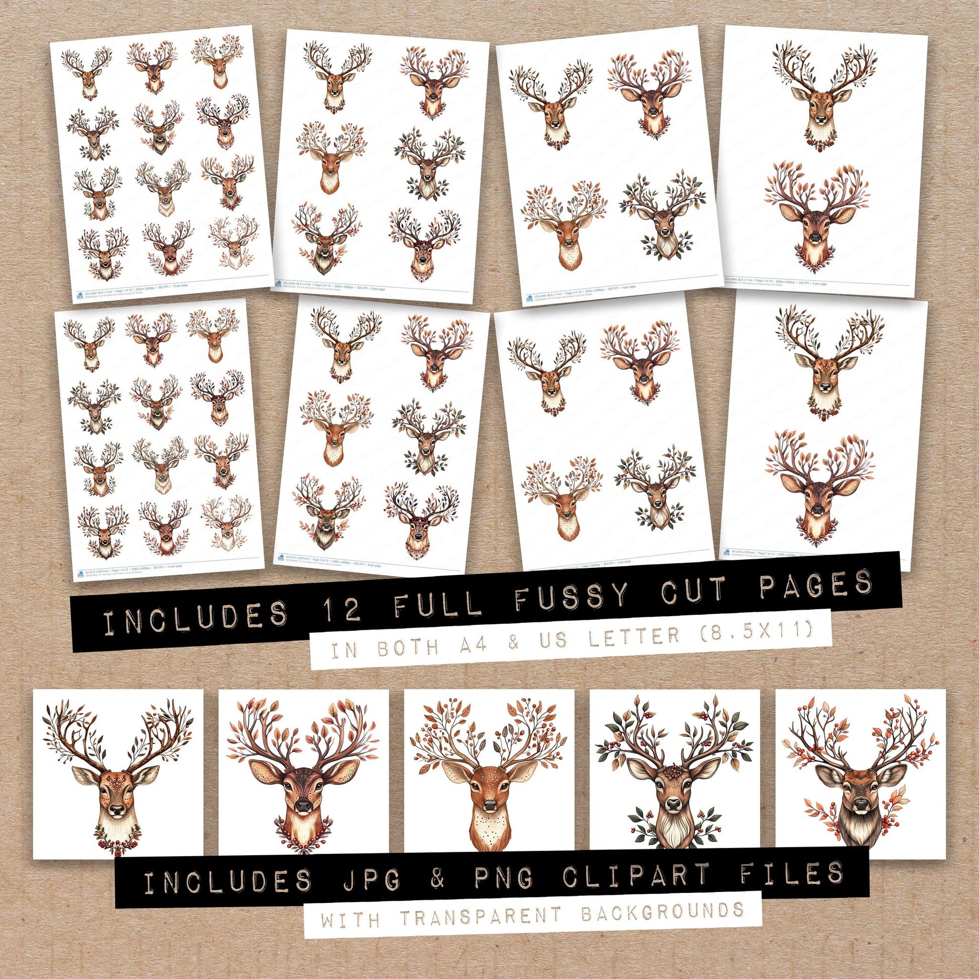 Full collection view of Folk Deer with Antlers fussy cut sheets with bonus clipart JPG and PNG files