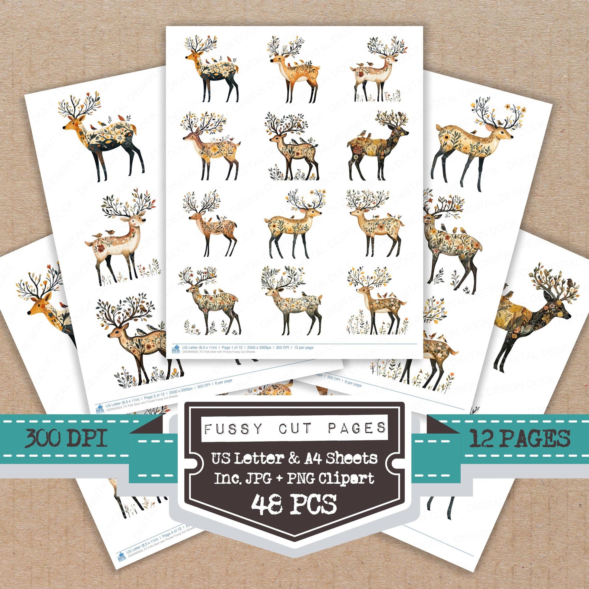 Folk Deer with Florals fussy cut printable sheets for junk journaling, scrapbooking, and paper craft projects