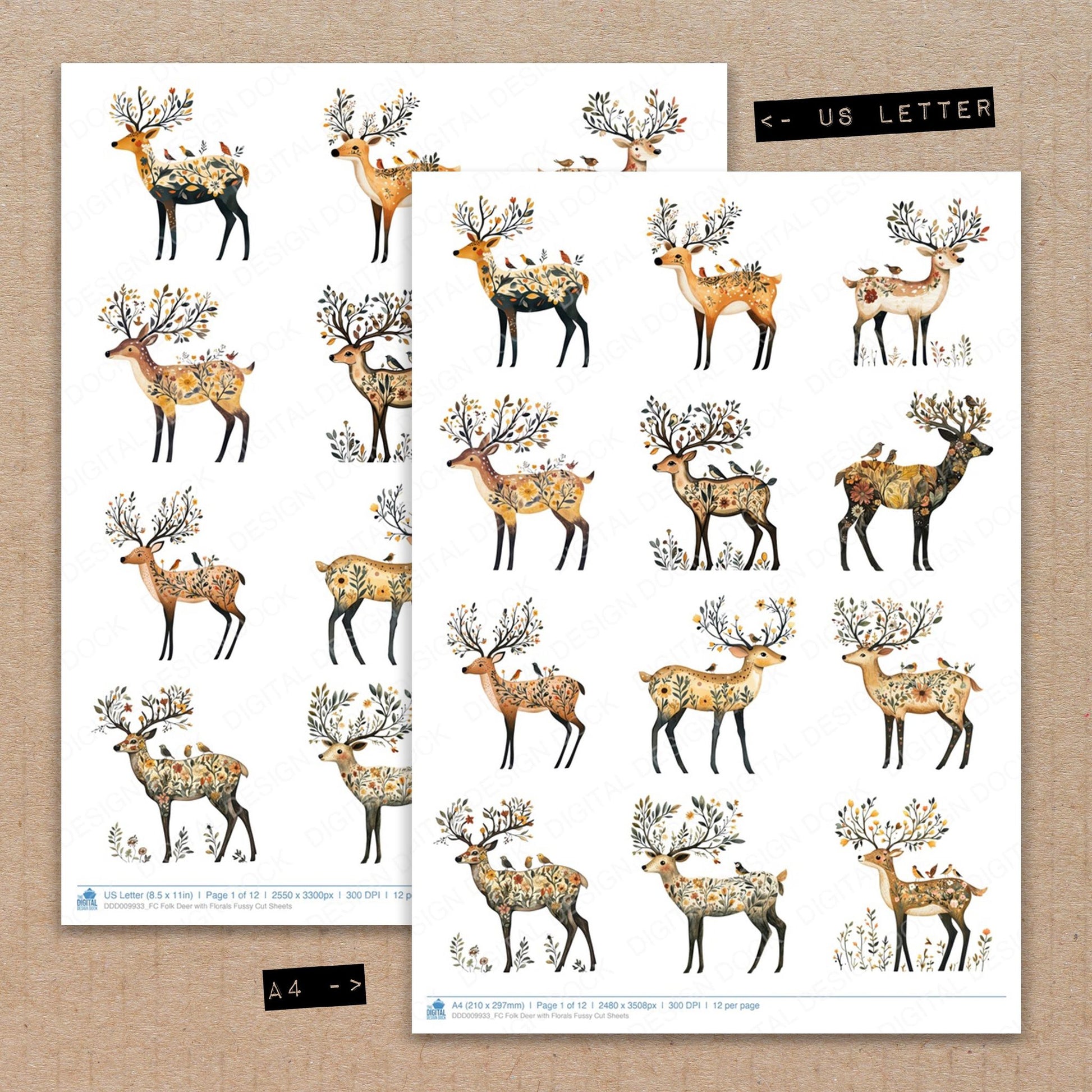 A4 and US Letter format comparison showing Folk Deer with Florals fussy cut pages for print and cut crafting
