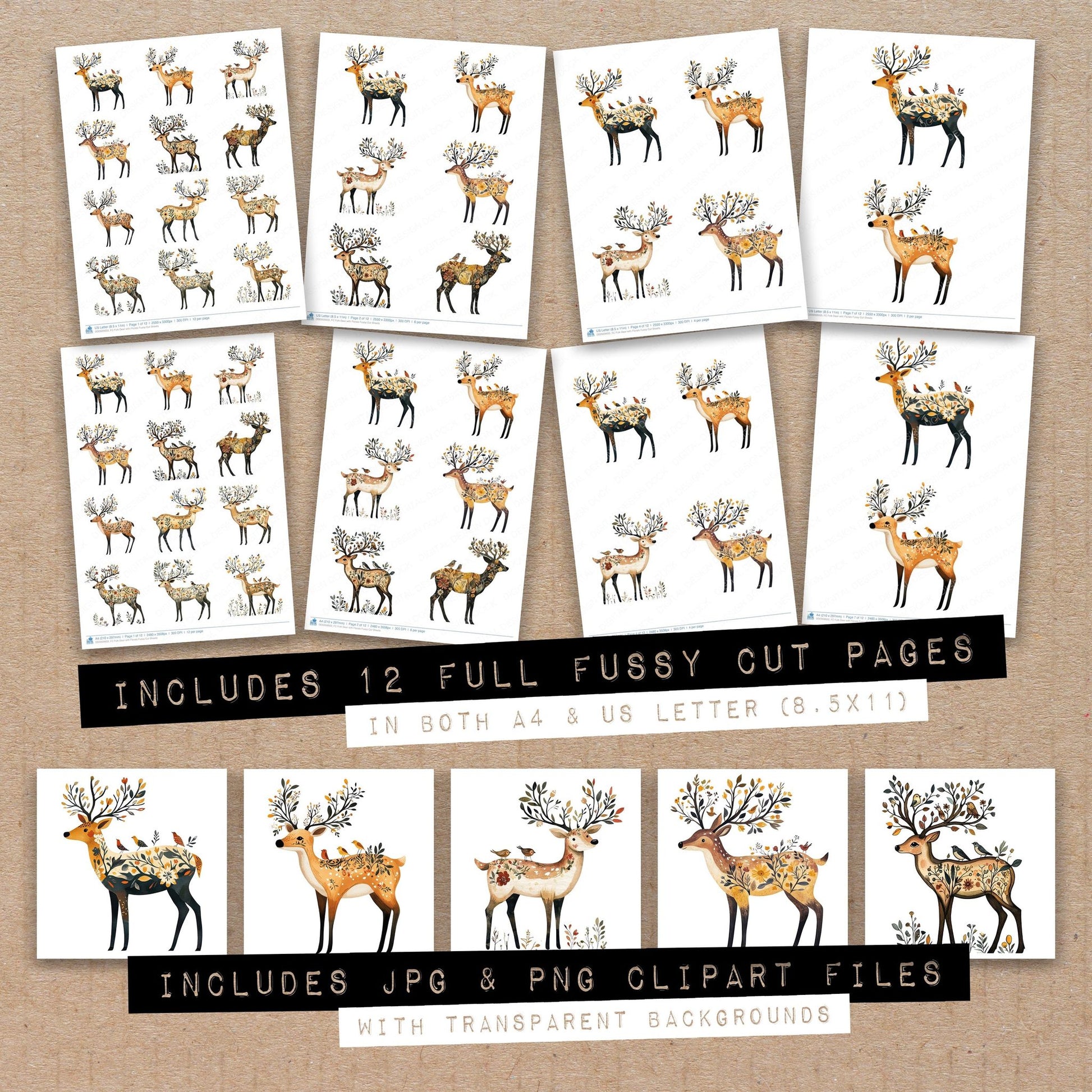 Full collection view of Folk Deer with Florals fussy cut sheets with bonus clipart JPG and PNG files
