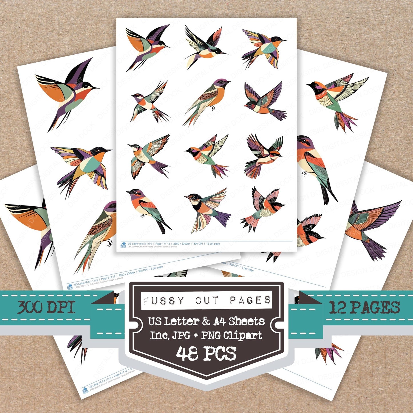 Folk Fabric Swallow fussy cut printable sheets for junk journaling, scrapbooking, and paper craft projects