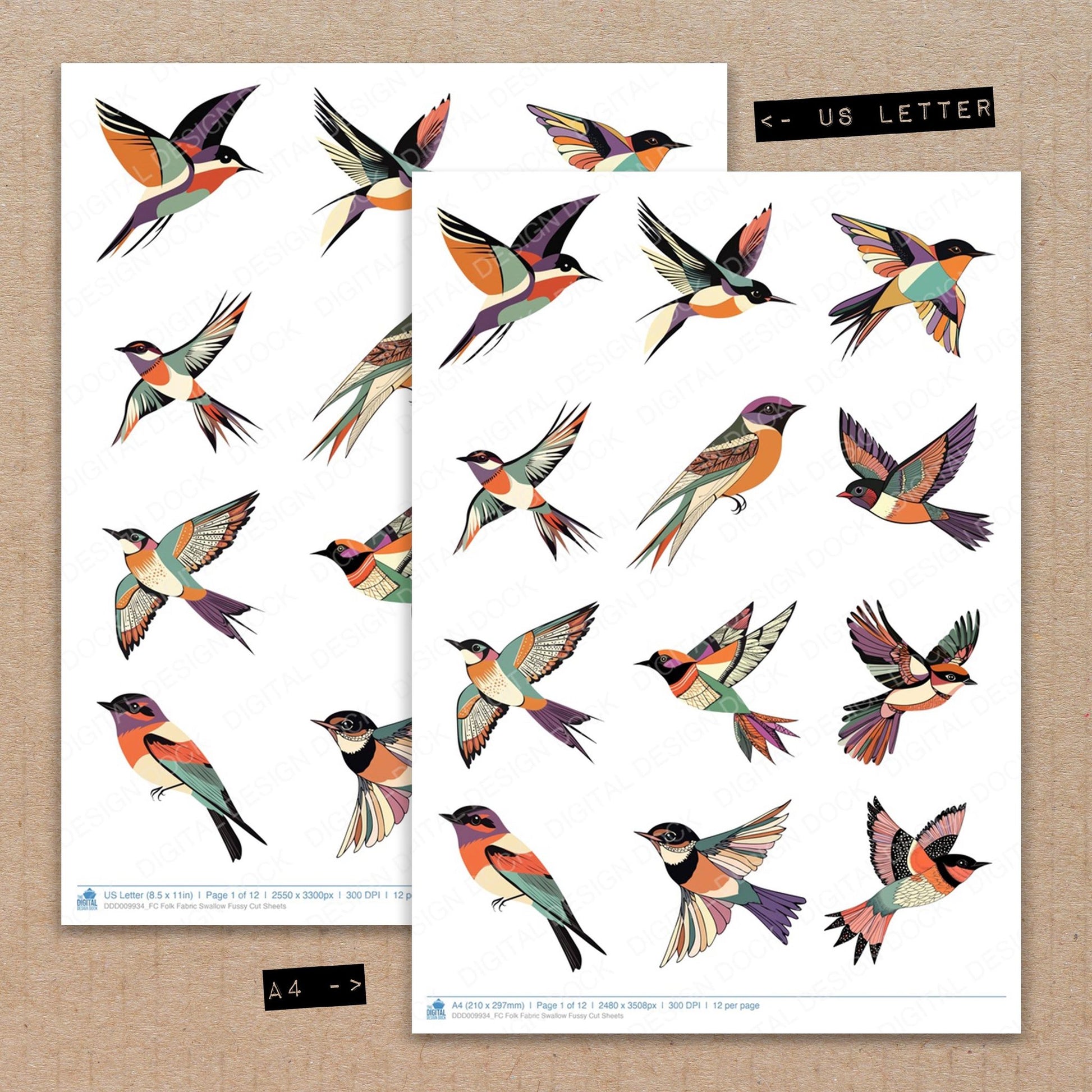 A4 and US Letter format comparison showing Folk Fabric Swallow fussy cut pages for print and cut crafting