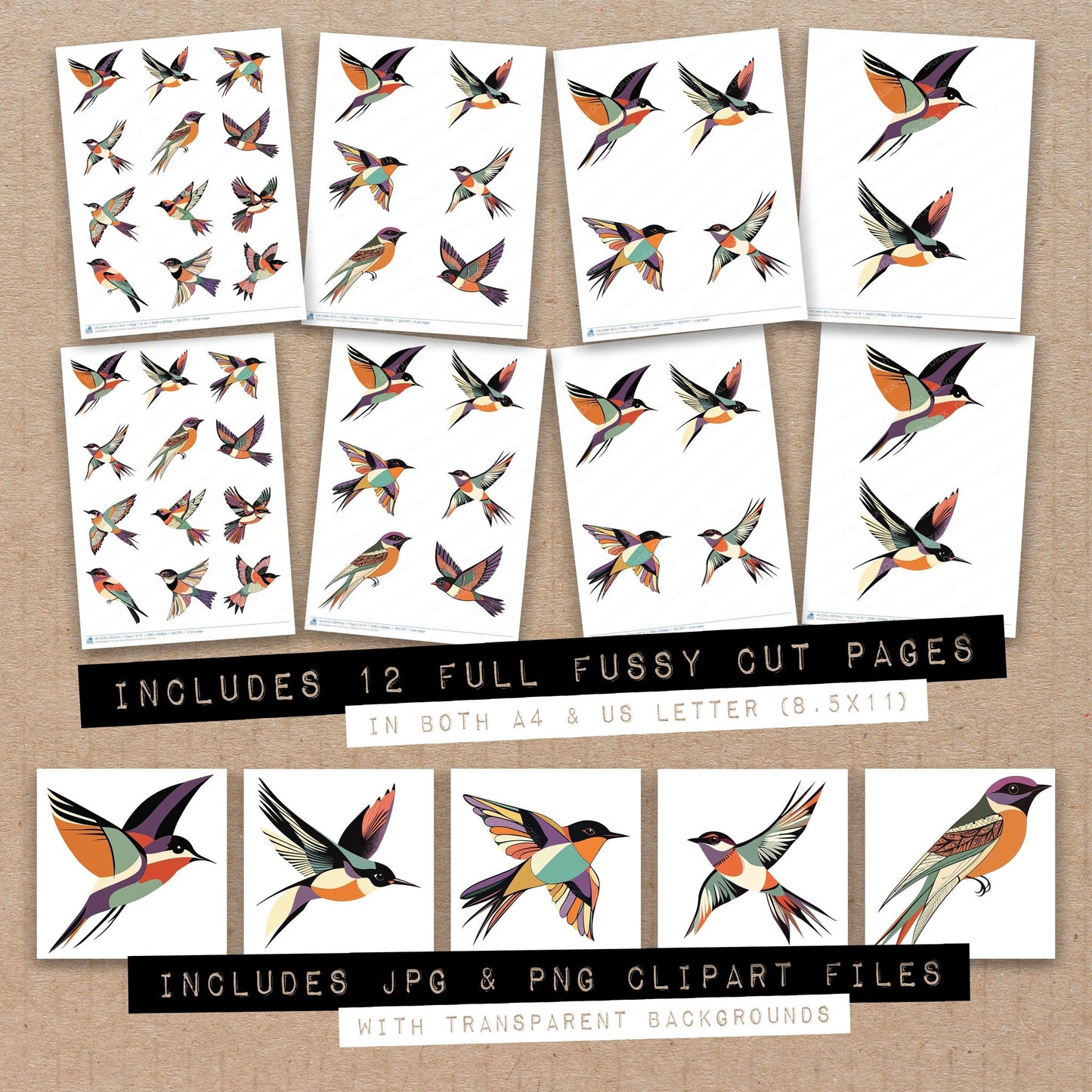 Full collection view of Folk Fabric Swallow fussy cut sheets with bonus clipart JPG and PNG files