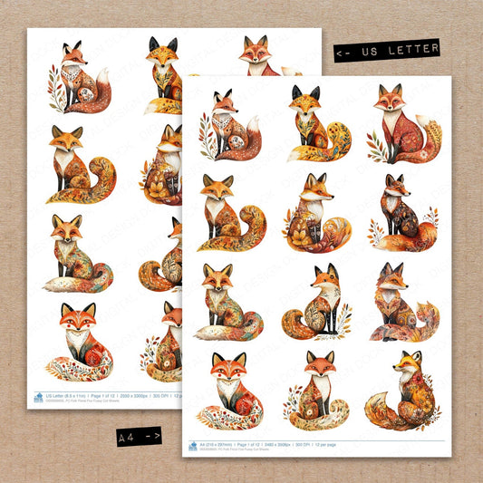 Folk Floral Fox Fussy Cut Sheets (DDD009935)