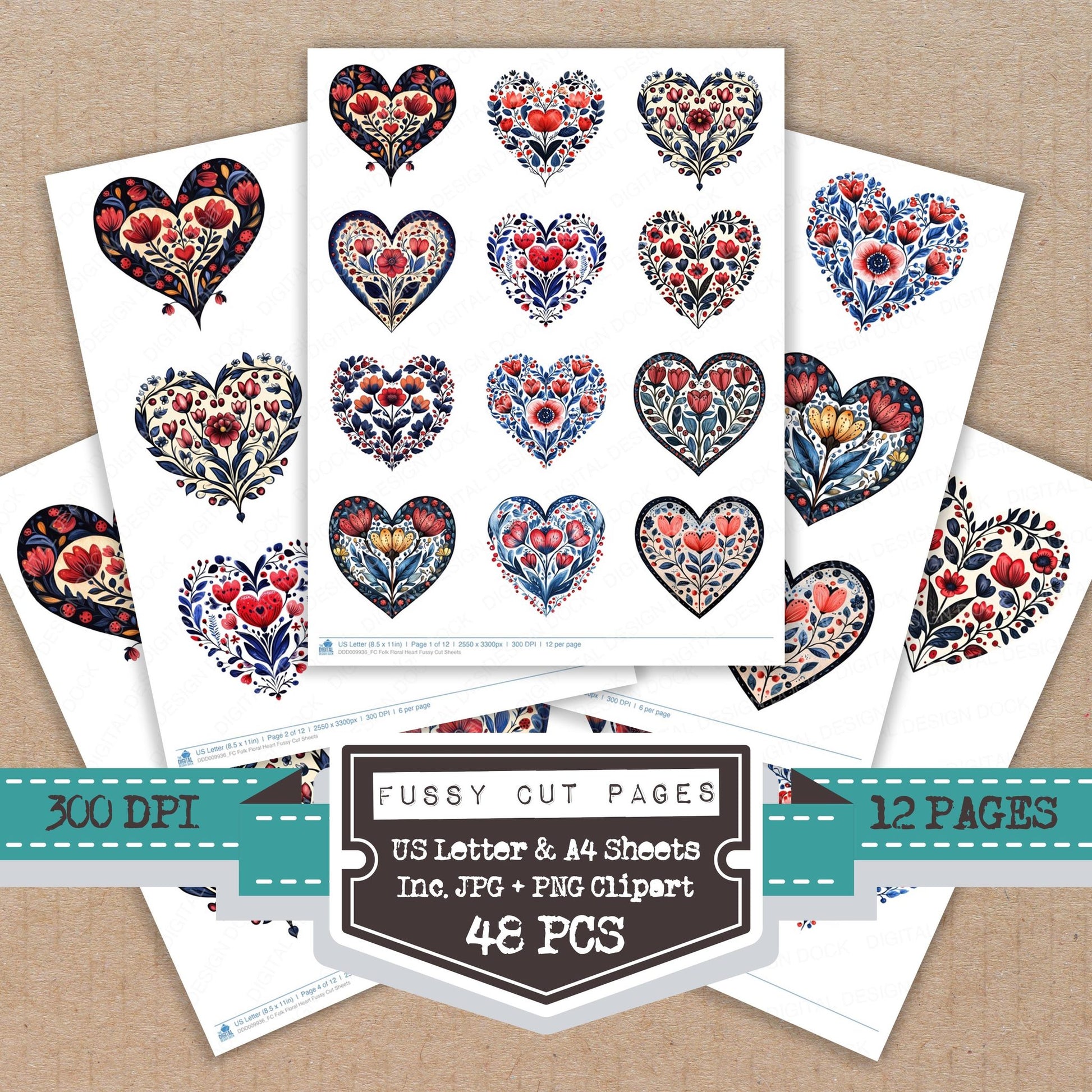 Folk Floral Heart fussy cut printable sheets for junk journaling, scrapbooking, and paper craft projects