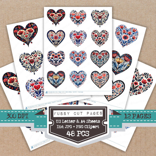 Folk Floral Heart fussy cut printable sheets for junk journaling, scrapbooking, and paper craft projects