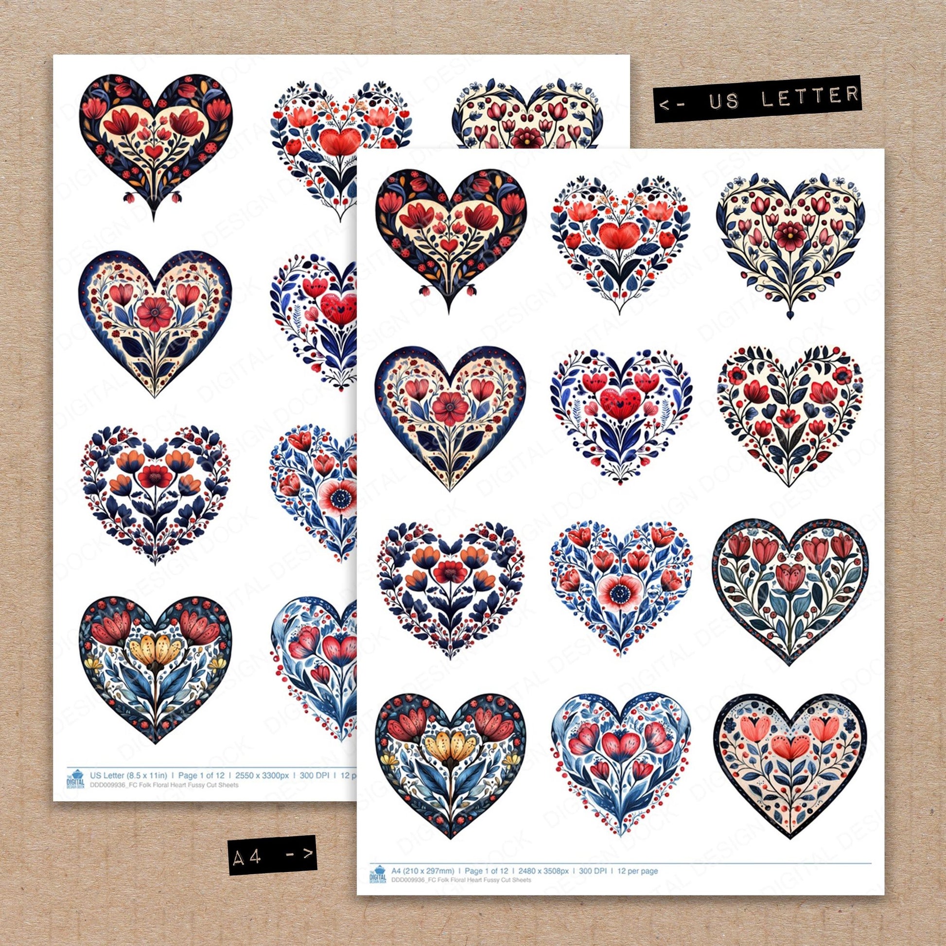 A4 and US Letter format comparison showing Folk Floral Heart fussy cut pages for print and cut crafting