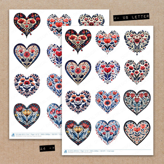 A4 and US Letter format comparison showing Folk Floral Heart fussy cut pages for print and cut crafting