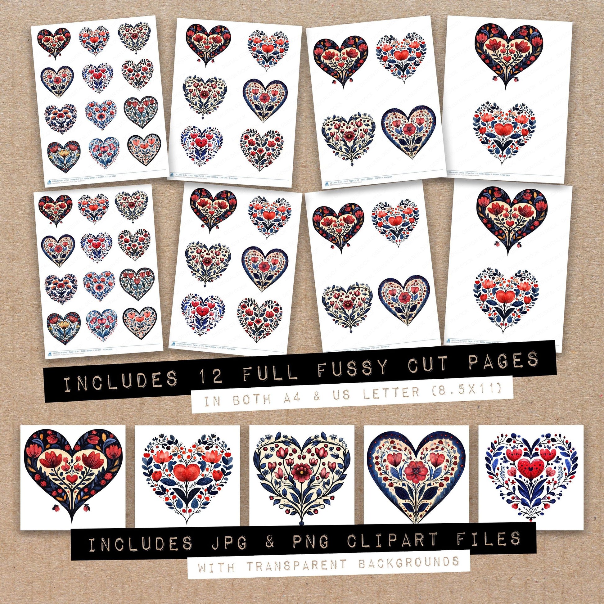 Full collection view of Folk Floral Heart fussy cut sheets with bonus clipart JPG and PNG files