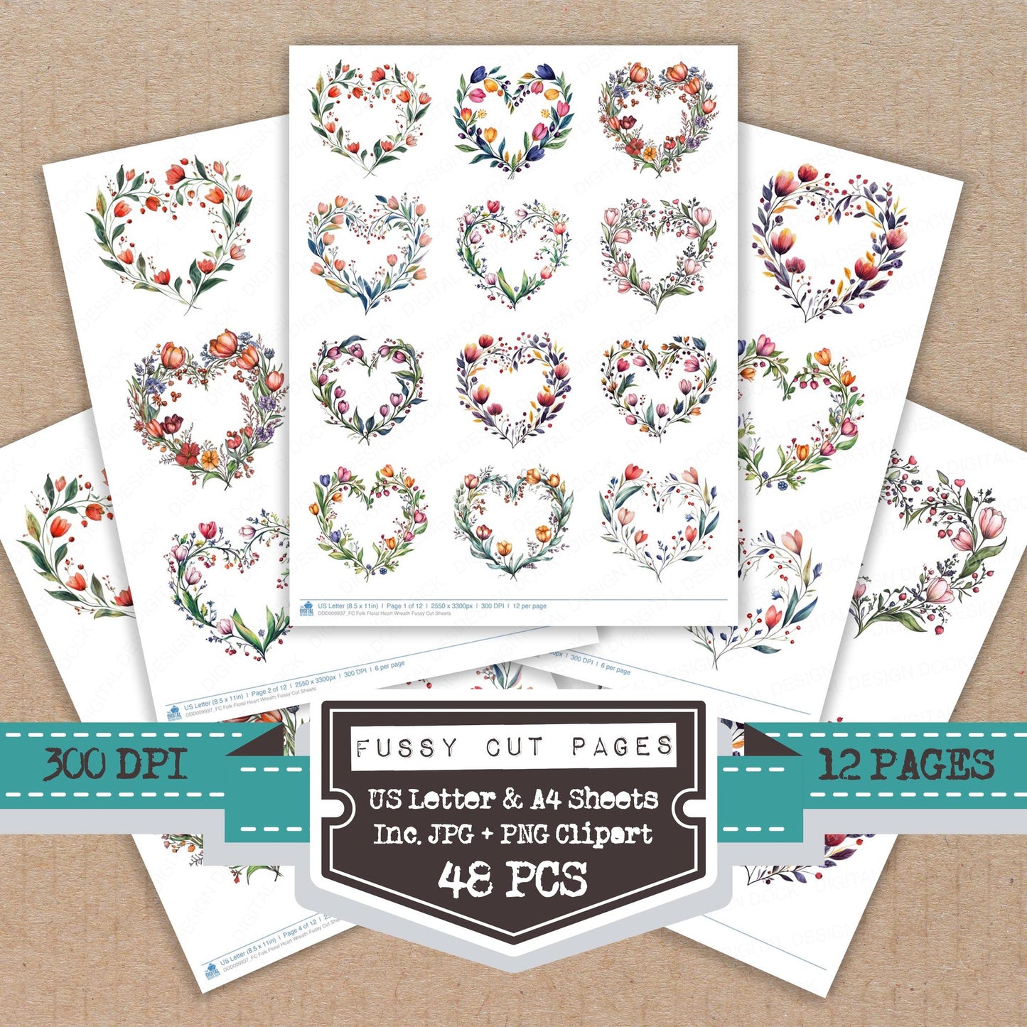 Folk Floral Heart Wreath fussy cut printable sheets for junk journaling, scrapbooking, and paper craft projects