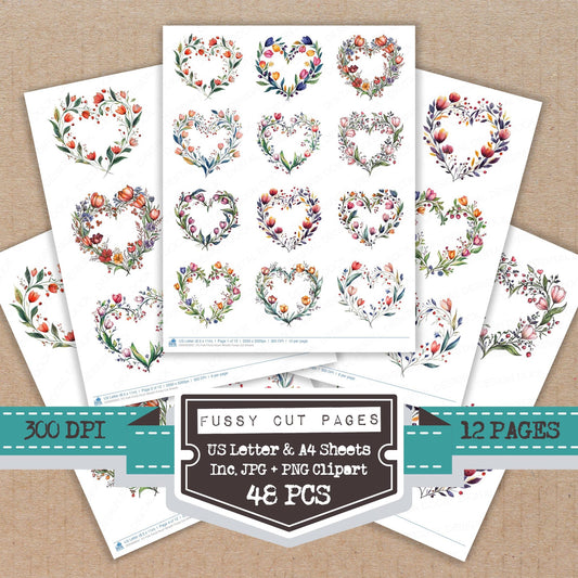 Folk Floral Heart Wreath fussy cut printable sheets for junk journaling, scrapbooking, and paper craft projects