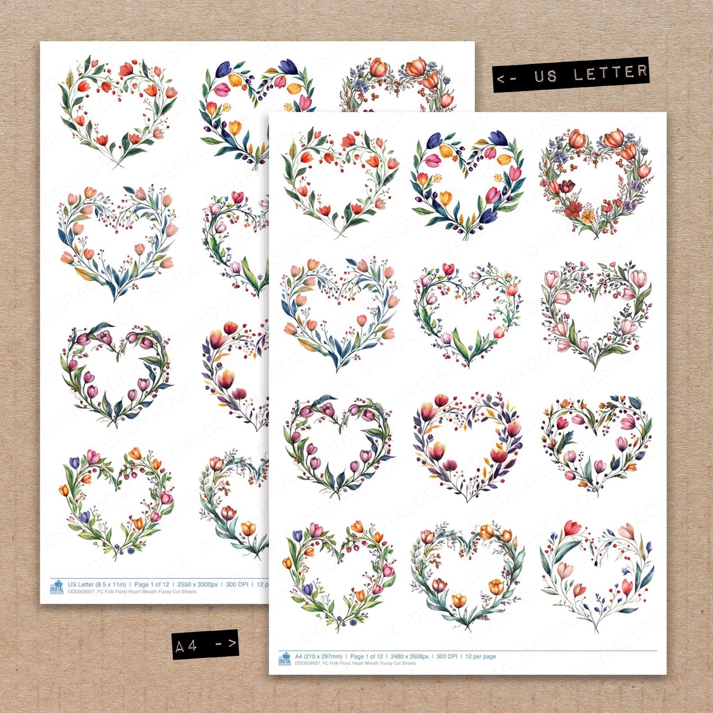 A4 and US Letter format comparison showing Folk Floral Heart Wreath fussy cut pages for print and cut crafting