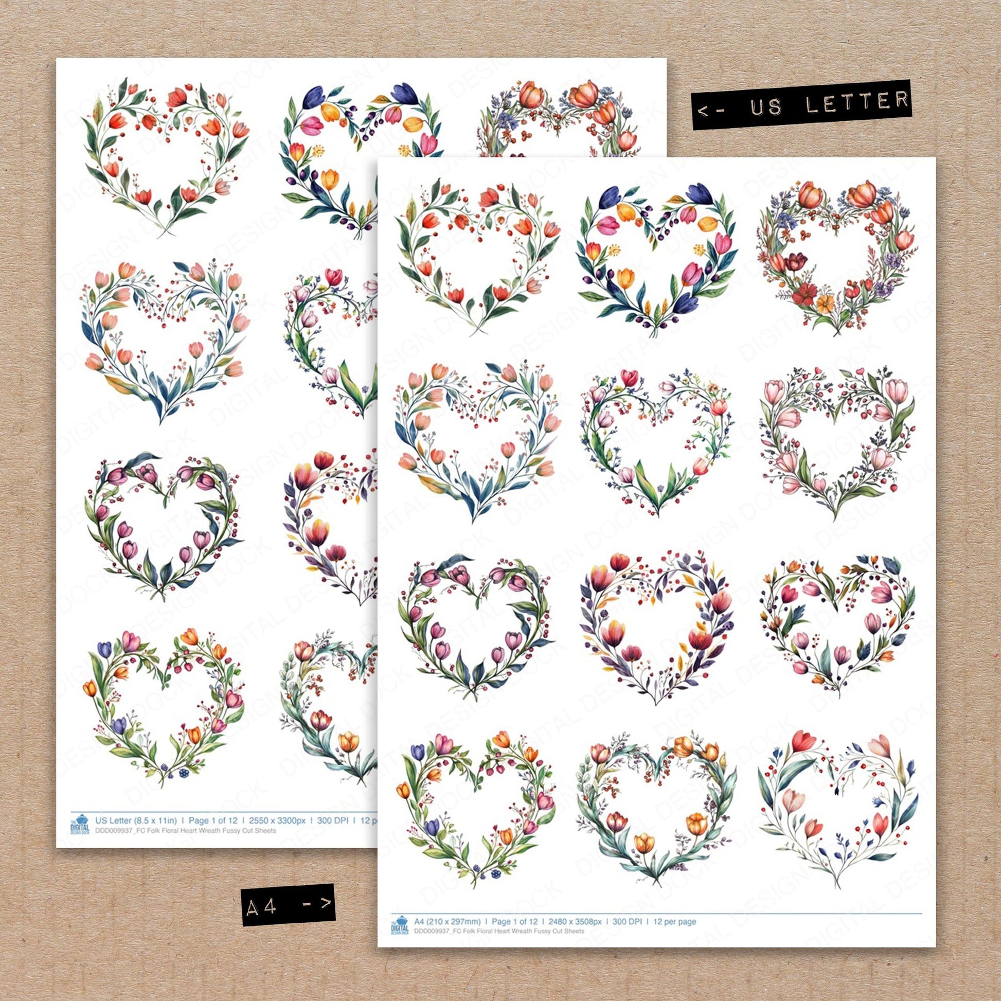 A4 and US Letter format comparison showing Folk Floral Heart Wreath fussy cut pages for print and cut crafting