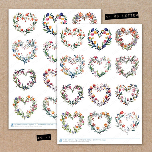 A4 and US Letter format comparison showing Folk Floral Heart Wreath fussy cut pages for print and cut crafting