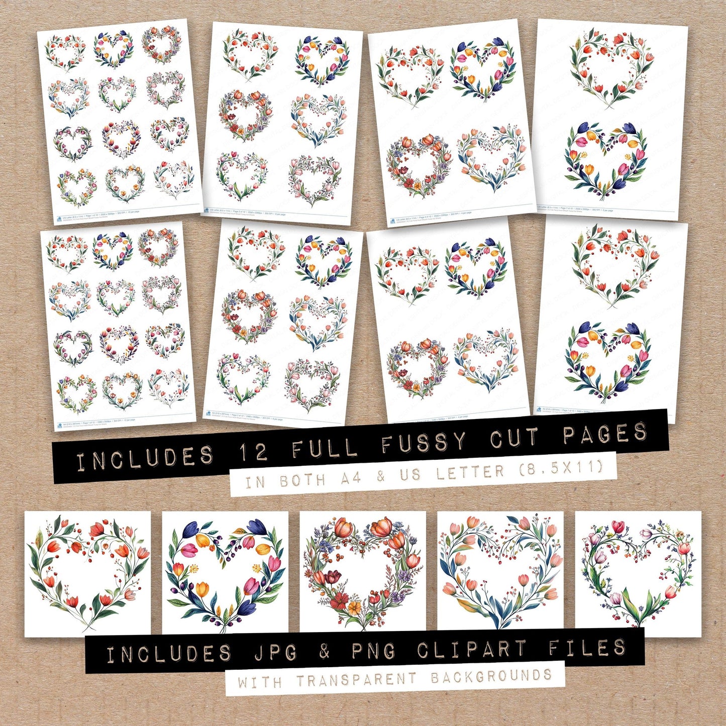 Full collection view of Folk Floral Heart Wreath fussy cut sheets with bonus clipart JPG and PNG files