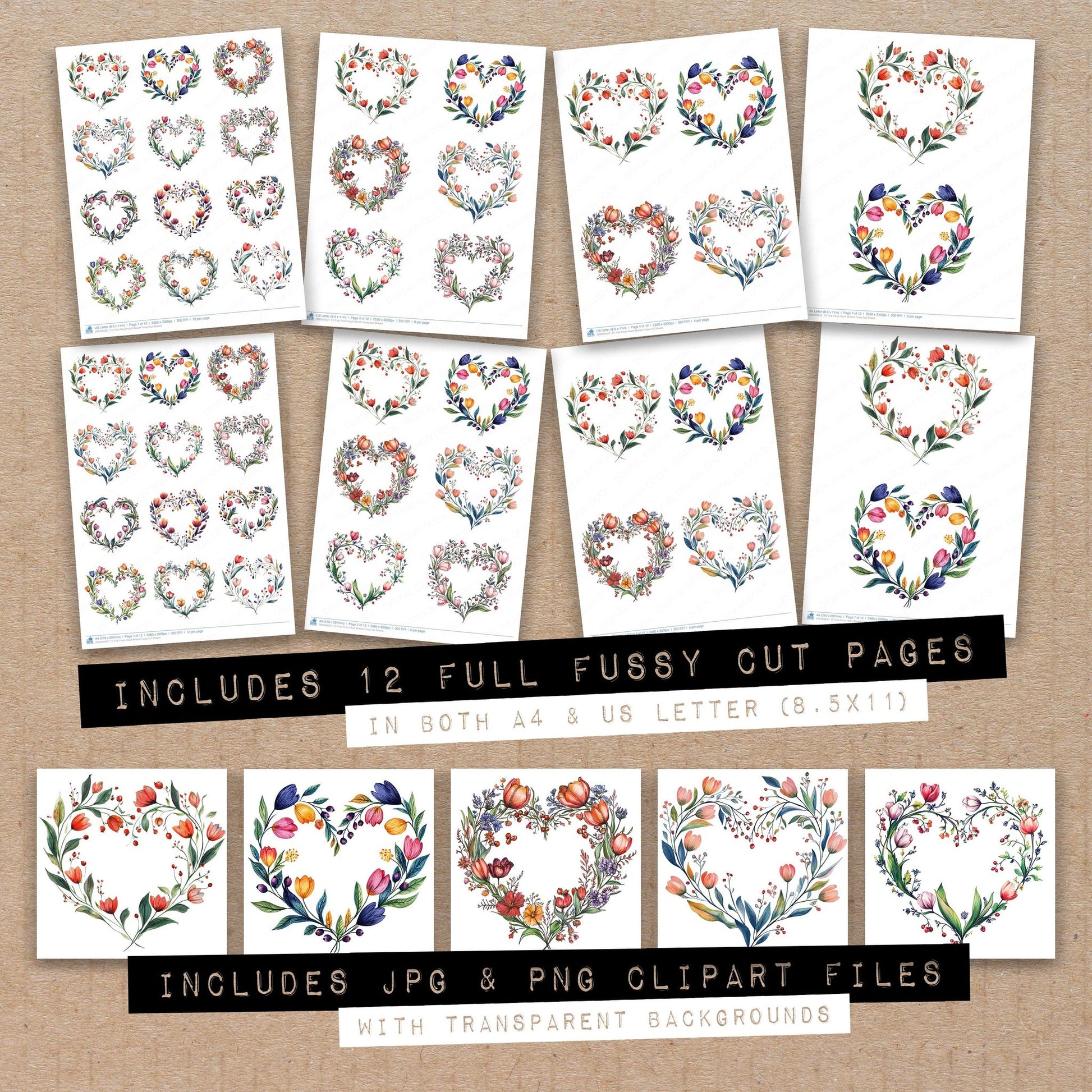 Full collection view of Folk Floral Heart Wreath fussy cut sheets with bonus clipart JPG and PNG files
