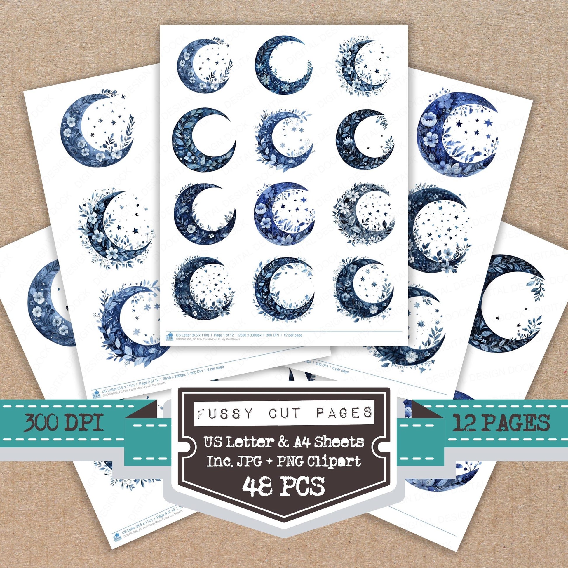 Folk Floral Moon fussy cut printable sheets for junk journaling, scrapbooking, and paper craft projects