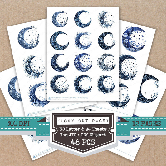 Folk Floral Moon fussy cut printable sheets for junk journaling, scrapbooking, and paper craft projects