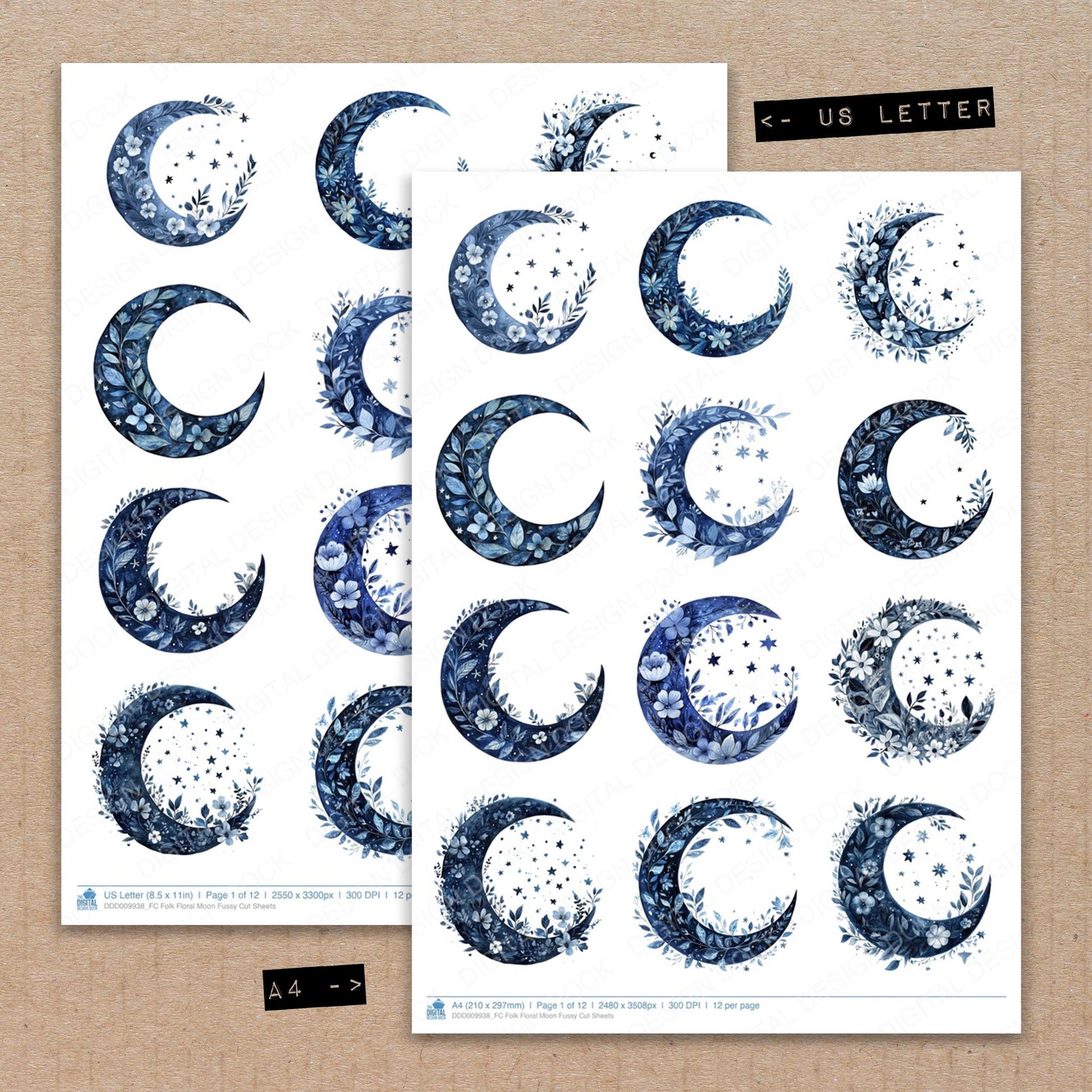 A4 and US Letter format comparison showing Folk Floral Moon fussy cut pages for print and cut crafting
