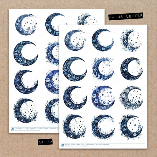 A4 and US Letter format comparison showing Folk Floral Moon fussy cut pages for print and cut crafting