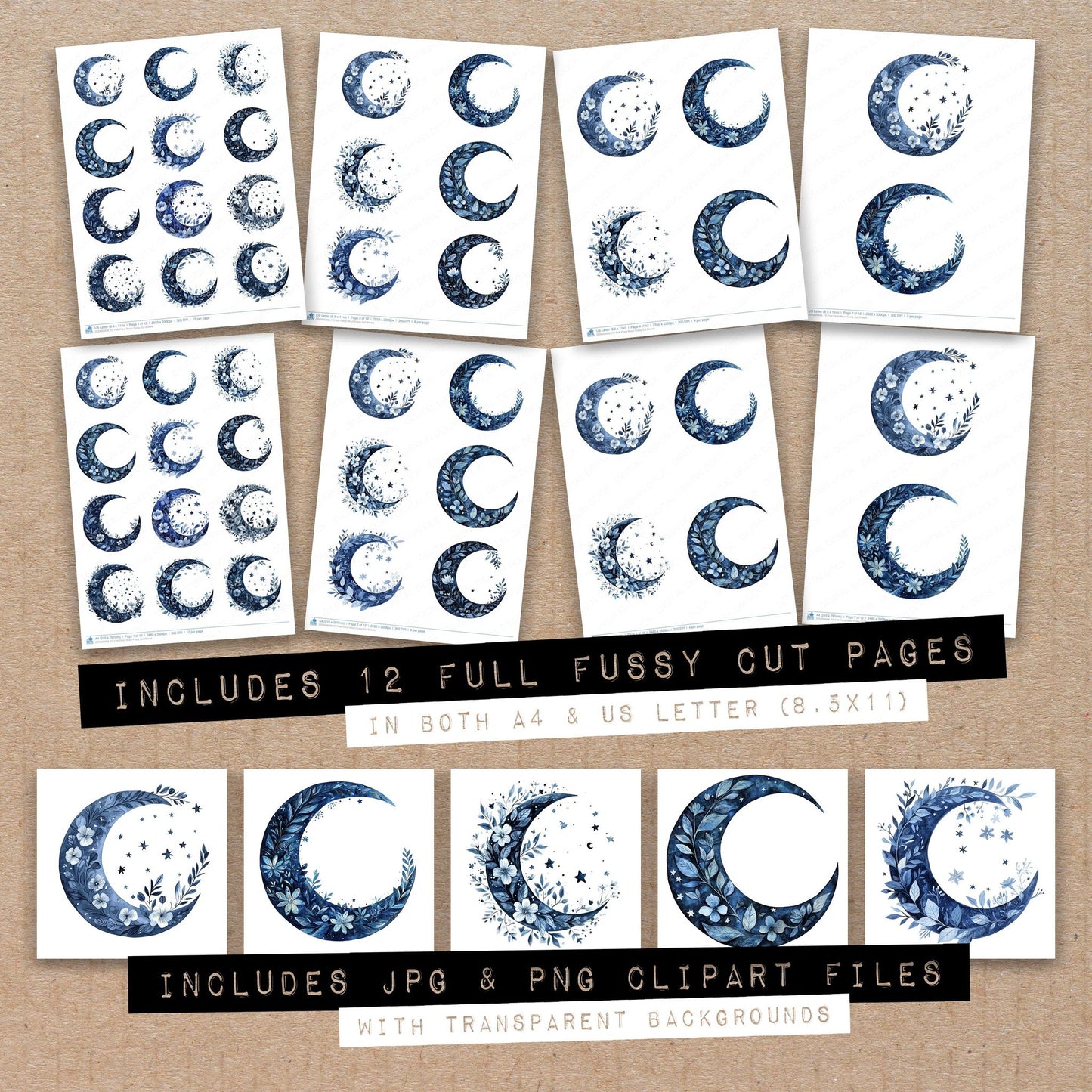 Full collection view of Folk Floral Moon fussy cut sheets with bonus clipart JPG and PNG files