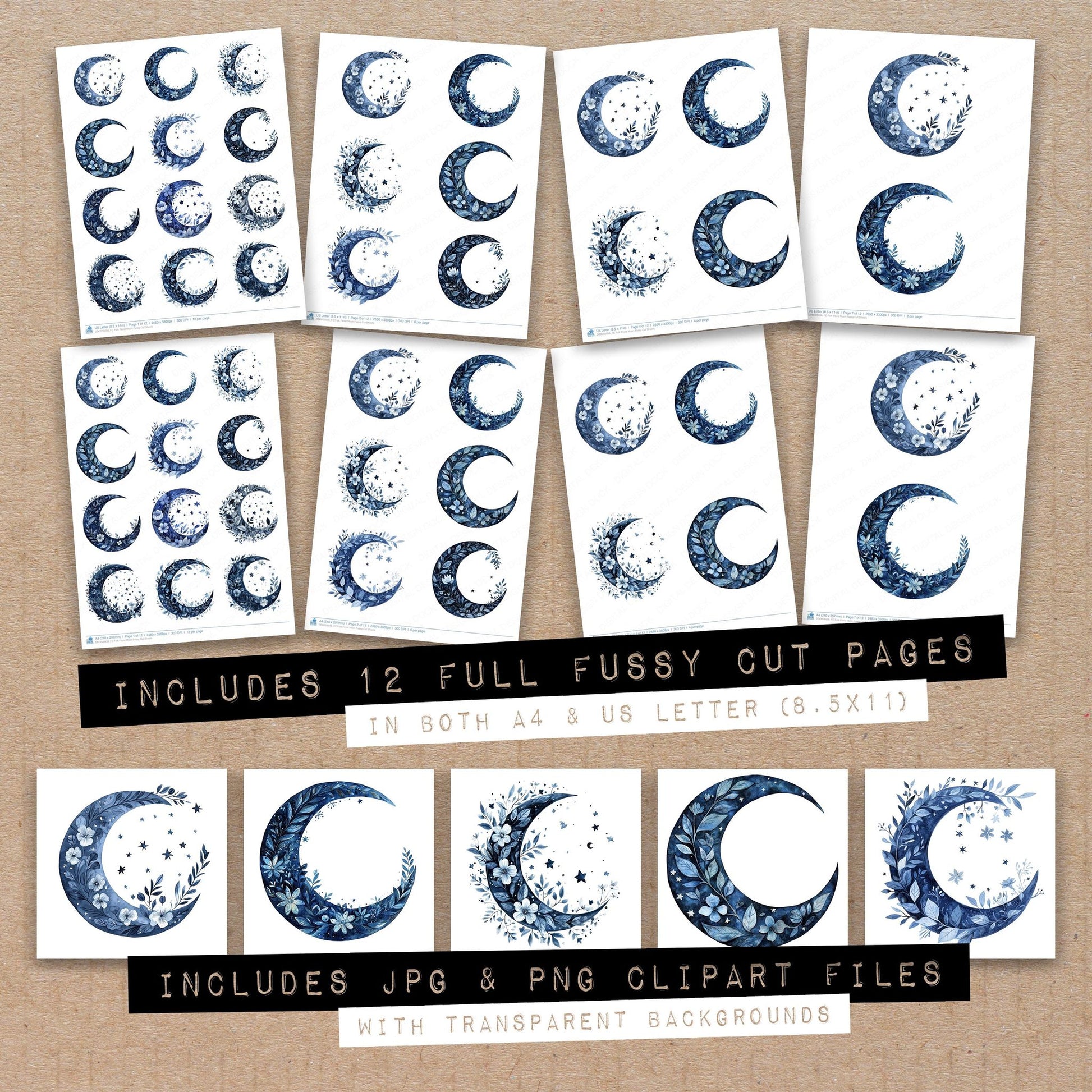 Full collection view of Folk Floral Moon fussy cut sheets with bonus clipart JPG and PNG files