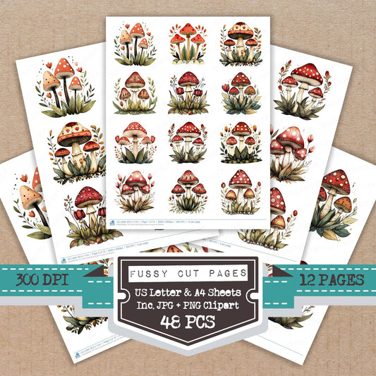 Folk Floral Mushrooms fussy cut printable sheets for junk journaling, scrapbooking, and paper craft projects