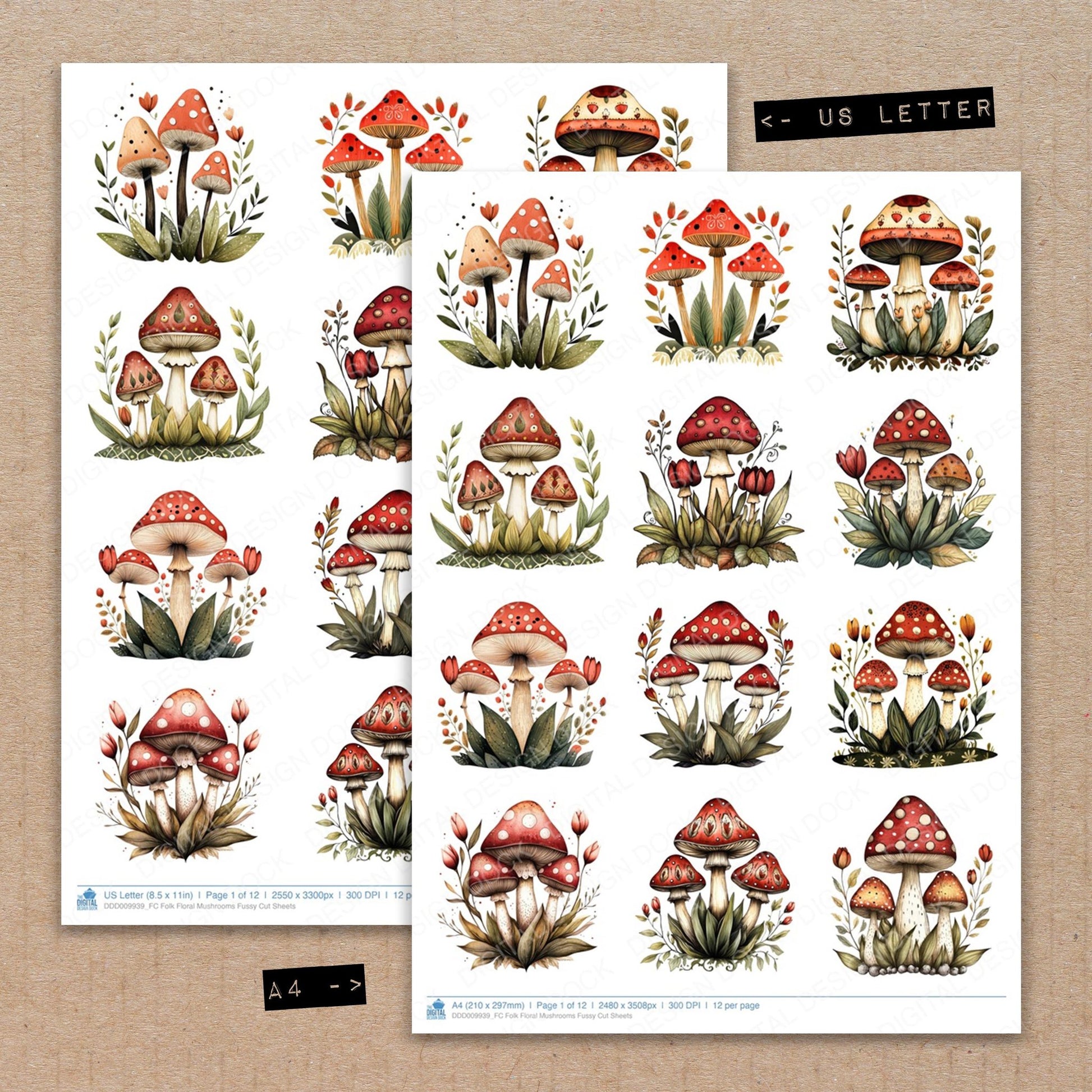 A4 and US Letter format comparison showing Folk Floral Mushrooms fussy cut pages for print and cut crafting