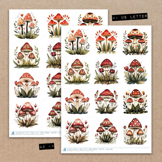 A4 and US Letter format comparison showing Folk Floral Mushrooms fussy cut pages for print and cut crafting