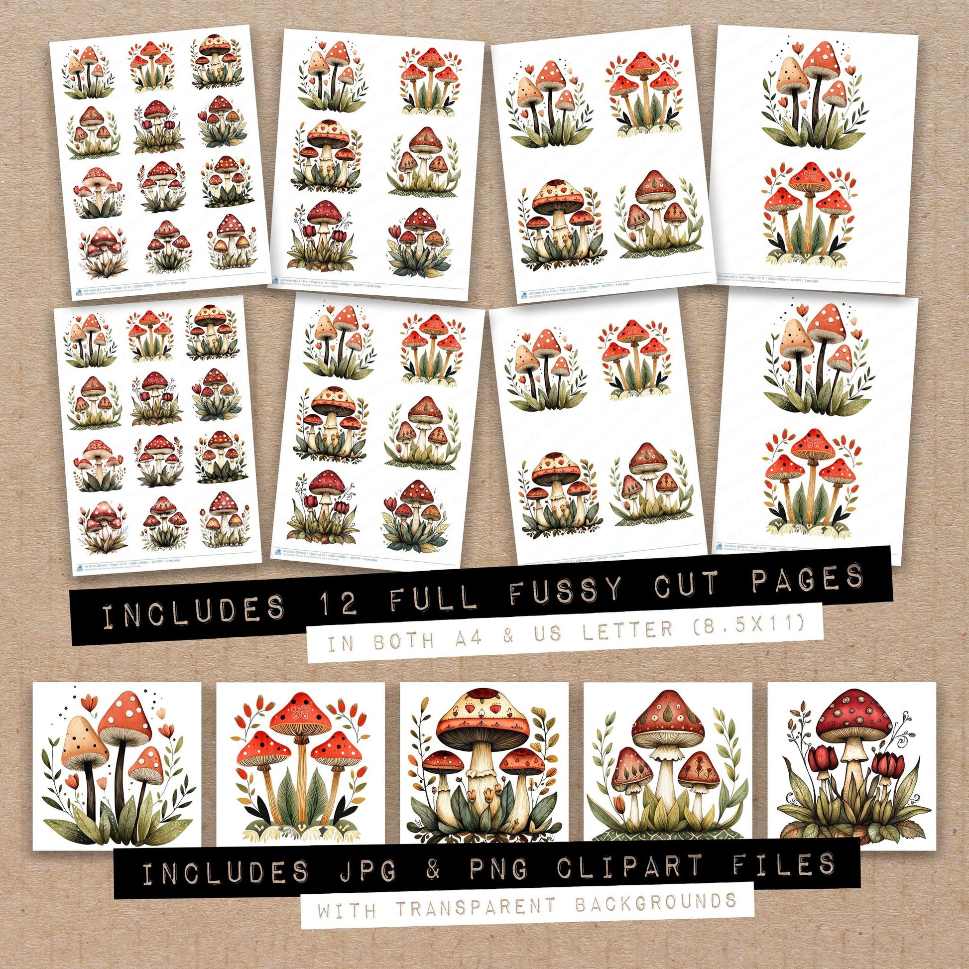Full collection view of Folk Floral Mushrooms fussy cut sheets with bonus clipart JPG and PNG files