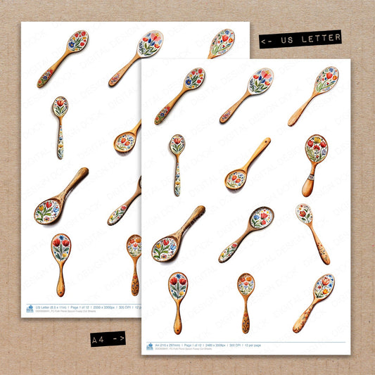 A4 and US Letter format comparison showing Folk Floral Spoon fussy cut pages for print and cut crafting