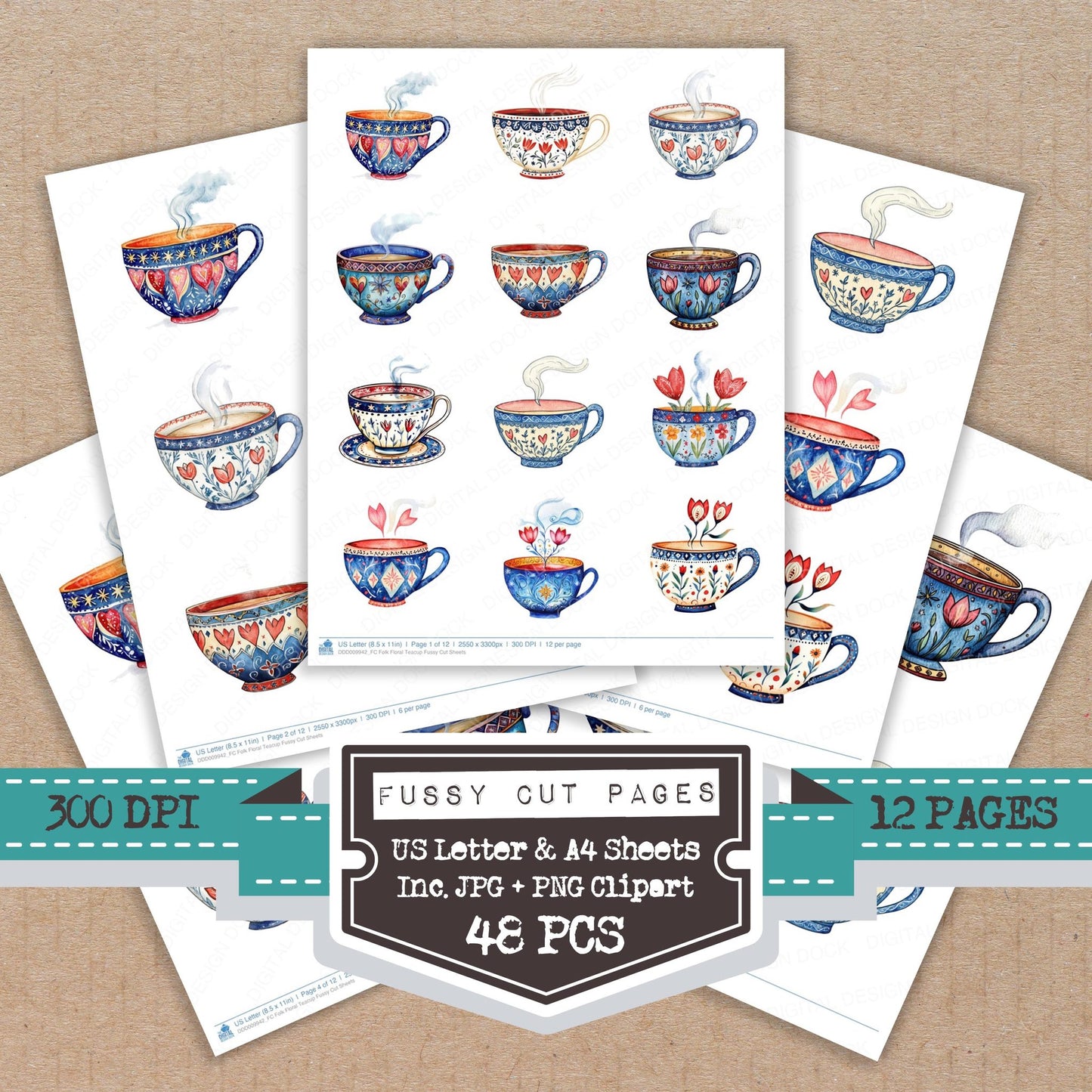 Folk Floral Teacup fussy cut printable sheets for junk journaling, scrapbooking, and paper craft projects