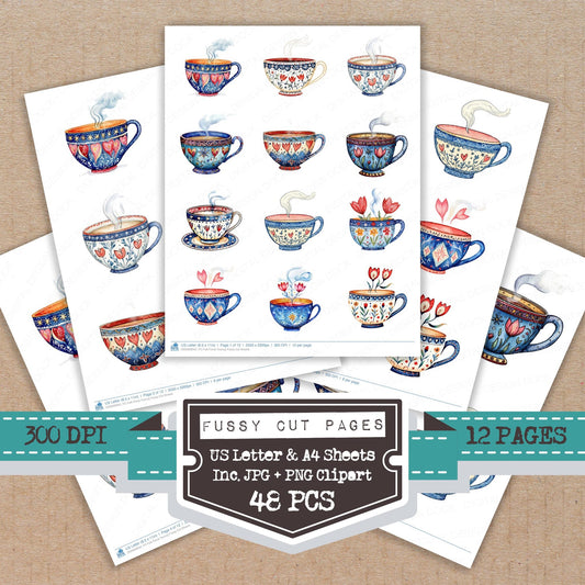 Folk Floral Teacup fussy cut printable sheets for junk journaling, scrapbooking, and paper craft projects