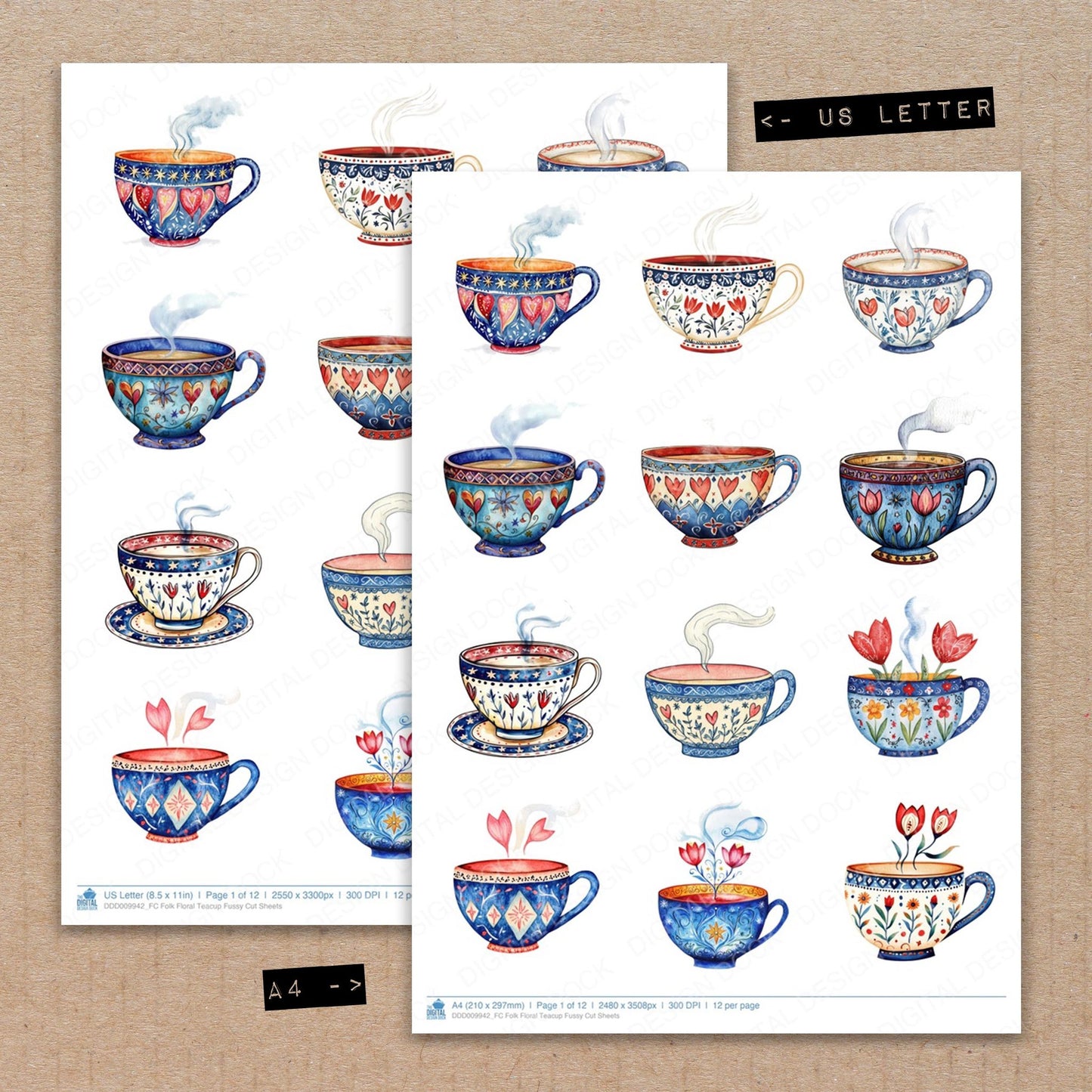 A4 and US Letter format comparison showing Folk Floral Teacup fussy cut pages for print and cut crafting