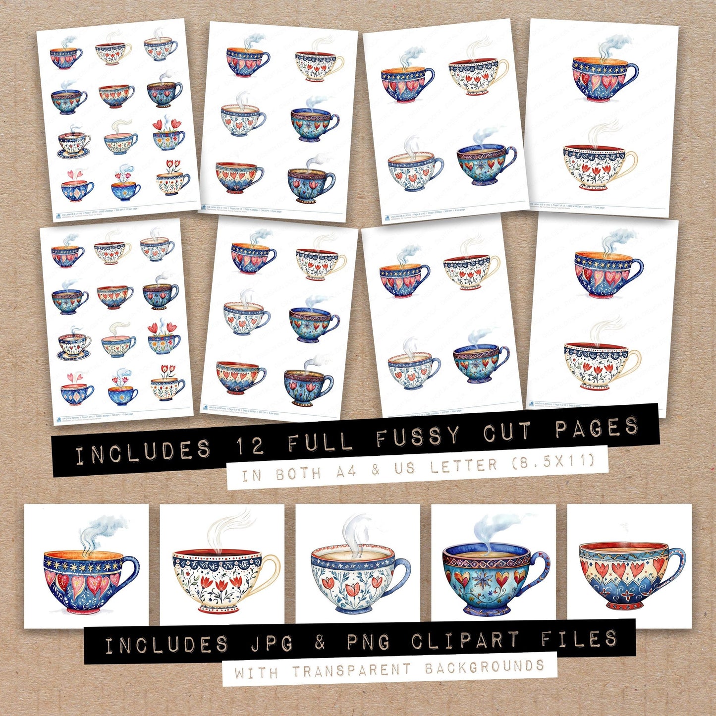 Full collection view of Folk Floral Teacup fussy cut sheets with bonus clipart JPG and PNG files