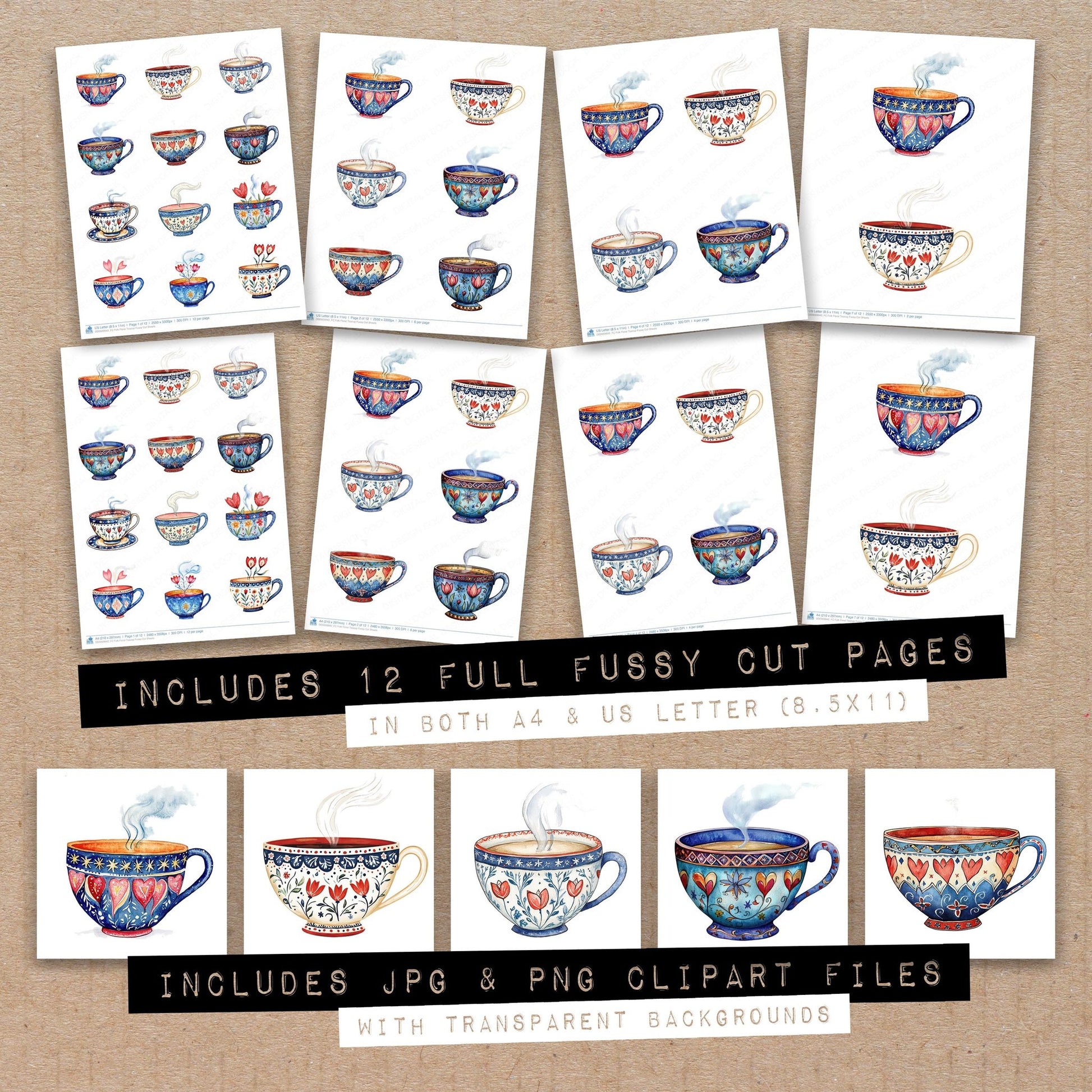 Full collection view of Folk Floral Teacup fussy cut sheets with bonus clipart JPG and PNG files