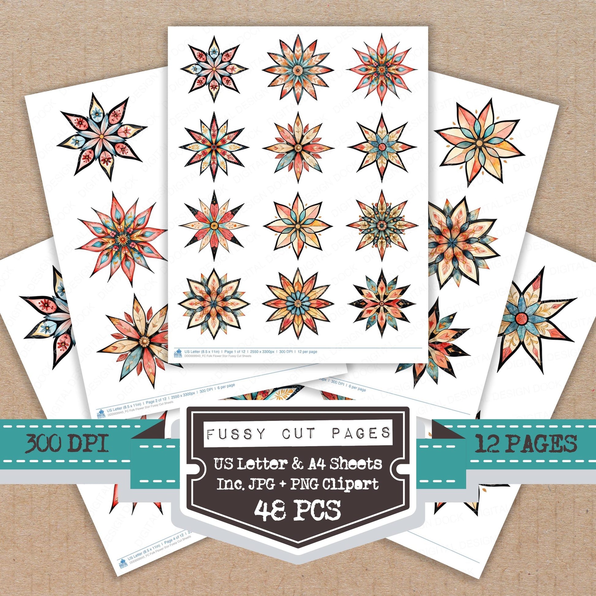 Folk Flower Star fussy cut printable sheets for junk journaling, scrapbooking, and paper craft projects