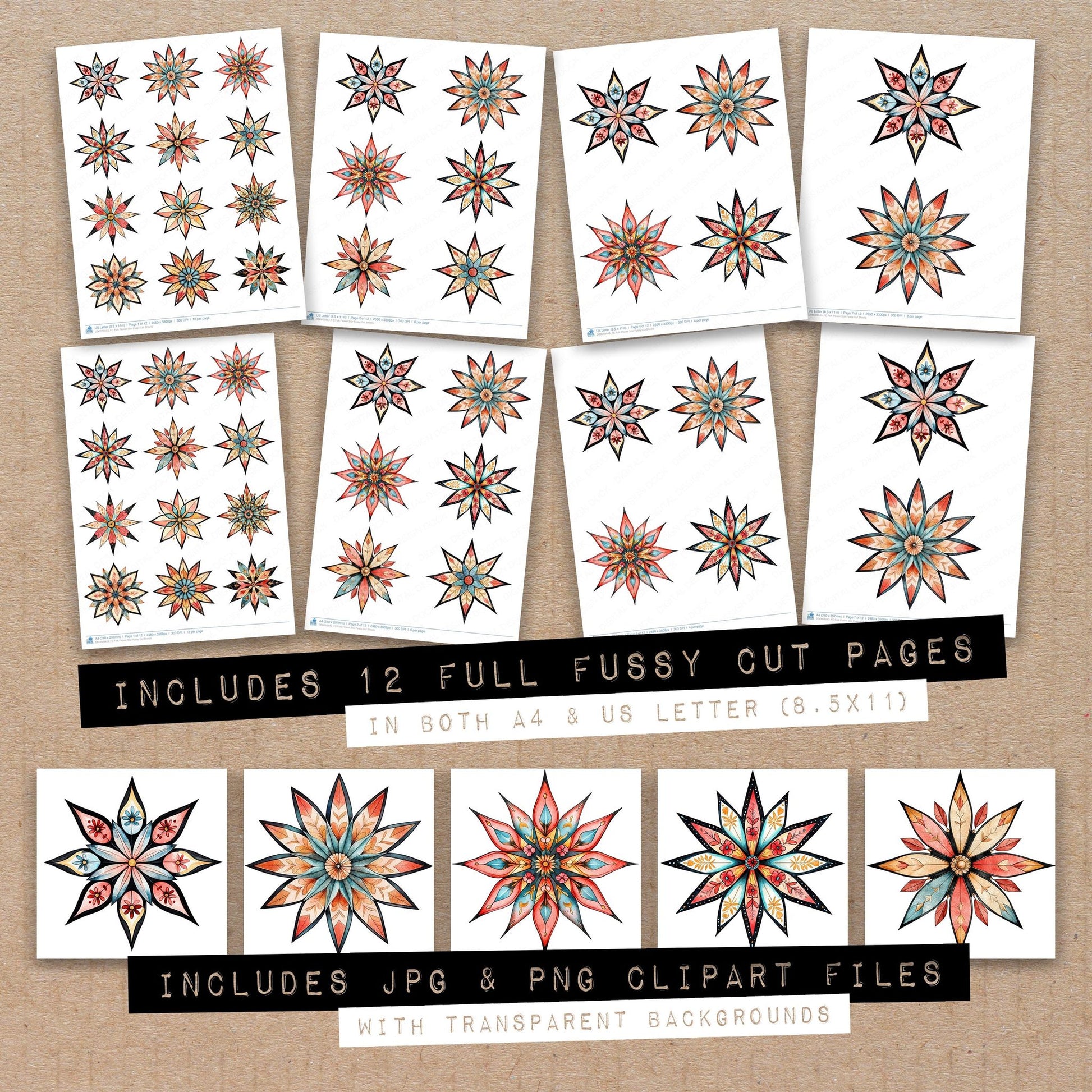 Full collection view of Folk Flower Star fussy cut sheets with bonus clipart JPG and PNG files