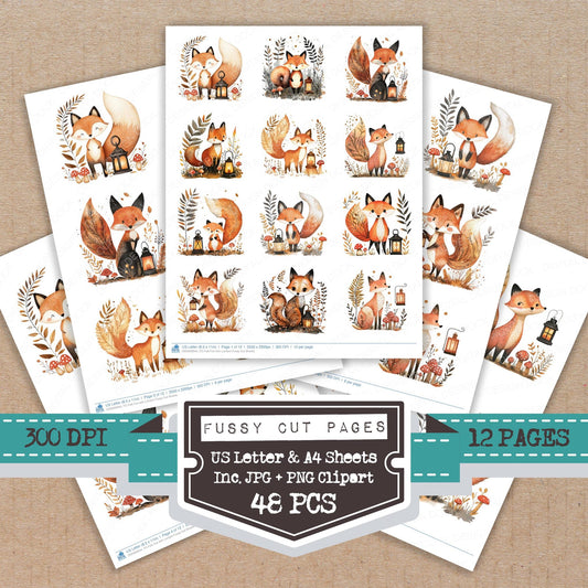 Folk Fox with Lantern fussy cut printable sheets for junk journaling, scrapbooking, and paper craft projects