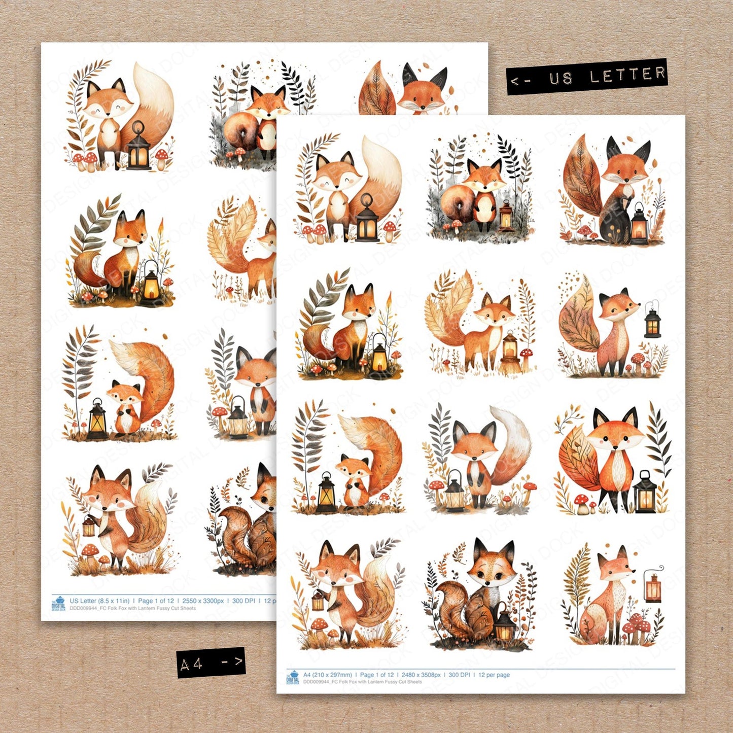 A4 and US Letter format comparison showing Folk Fox with Lantern fussy cut pages for print and cut crafting