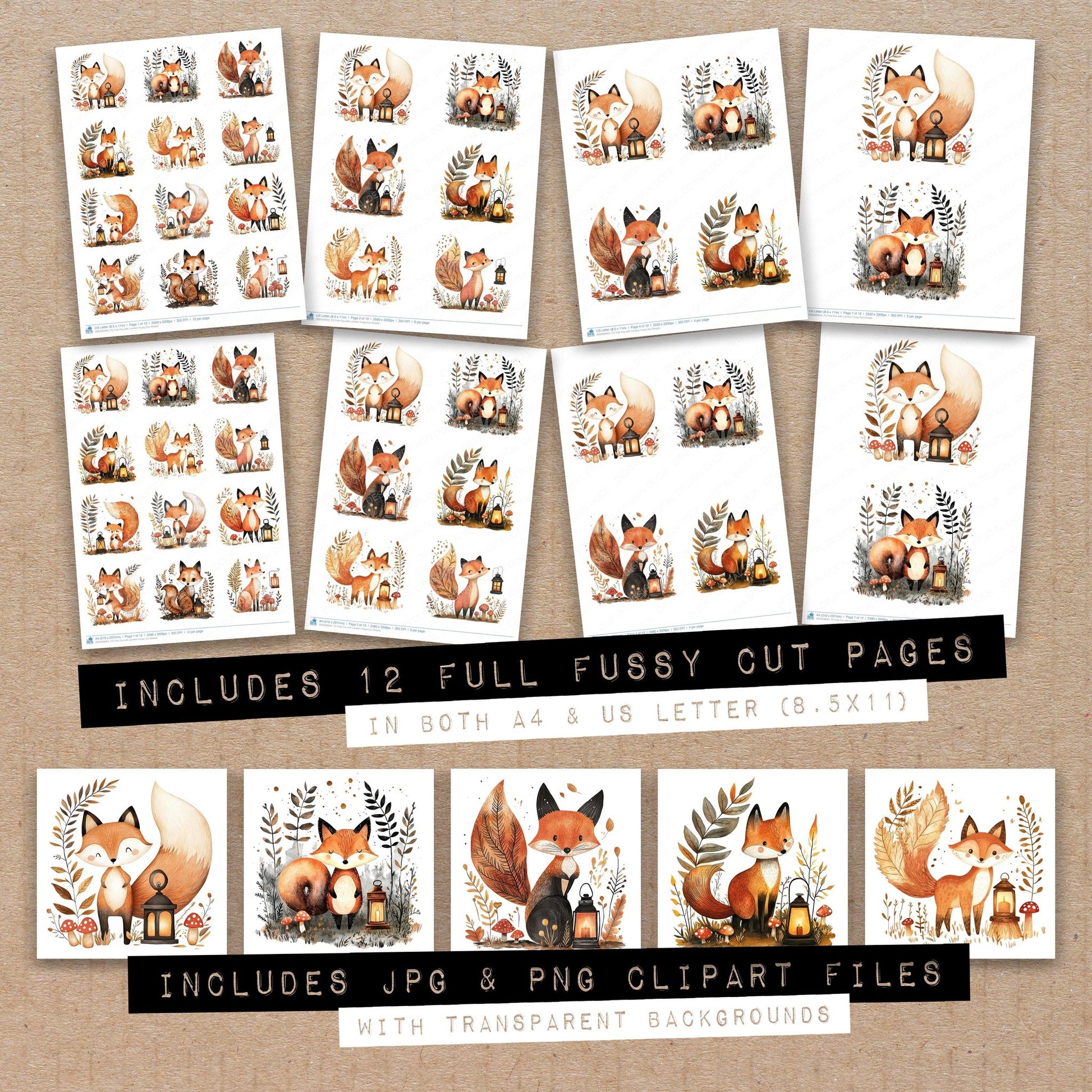 Full collection view of Folk Fox with Lantern fussy cut sheets with bonus clipart JPG and PNG files